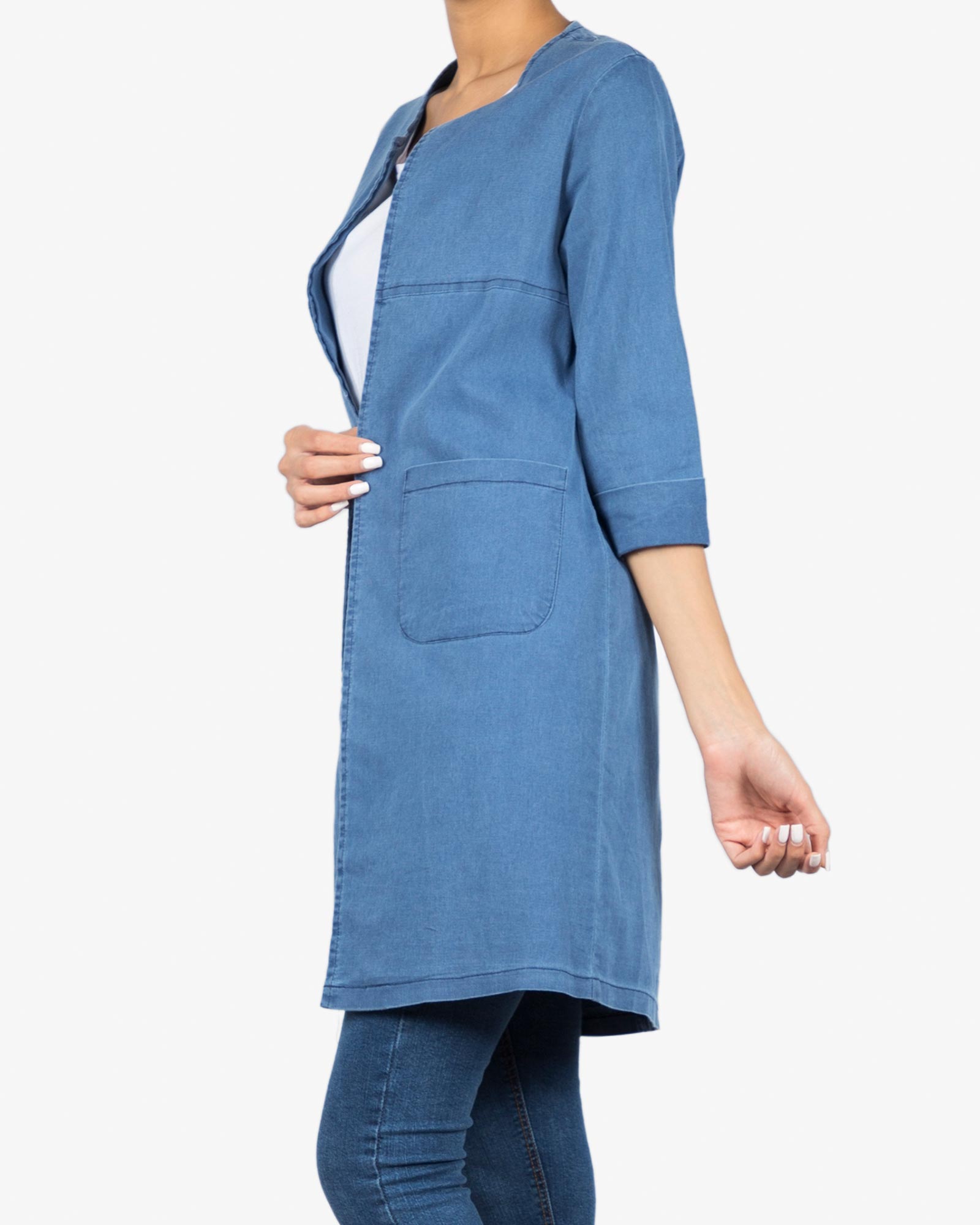 مانتو جین اسپرت زنانه جلو باز - آبی نفتی - بغل