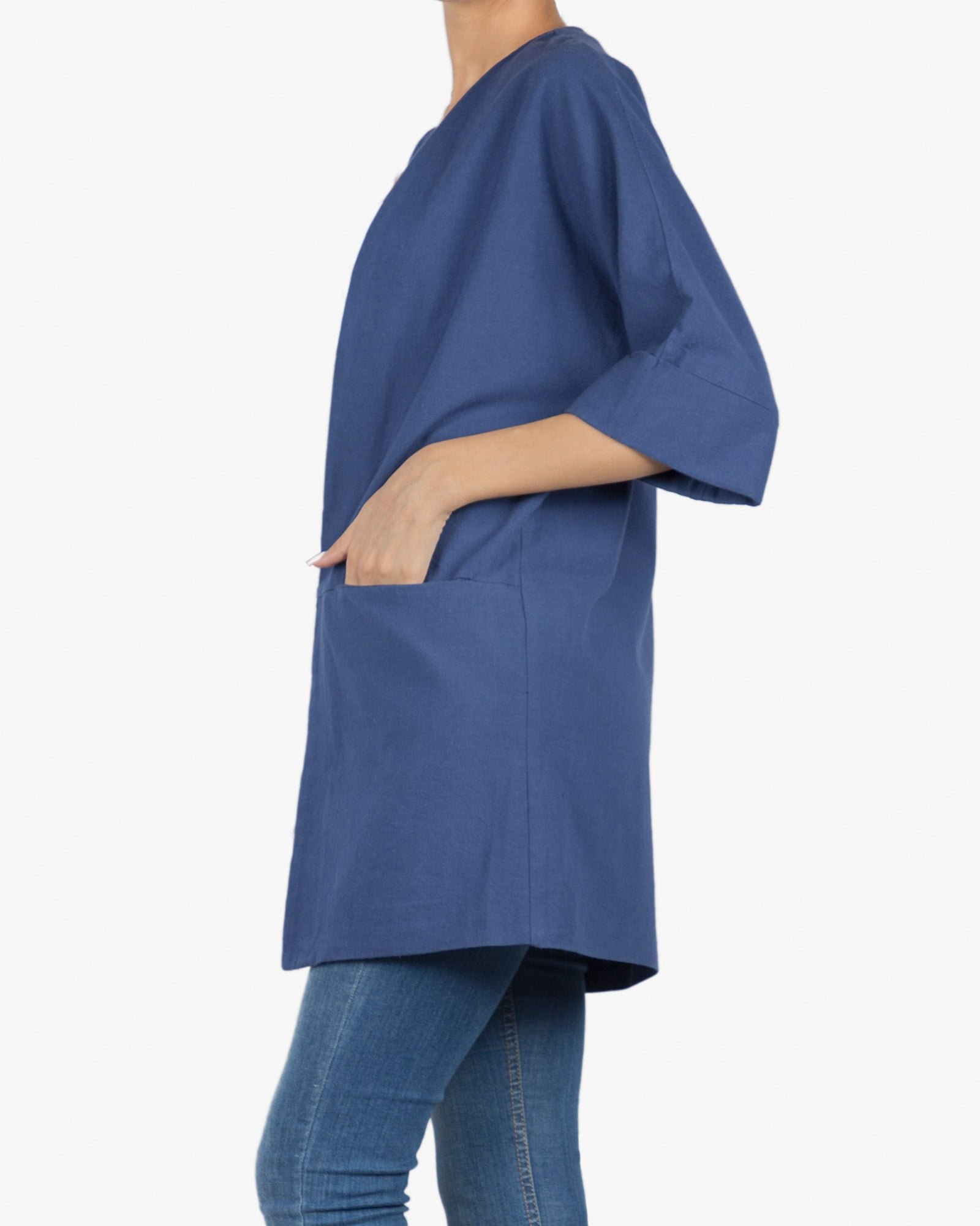 مانتو کوتاه ساده زنانه لنین (لینن) جلو باز - آبی نفتی - بغل