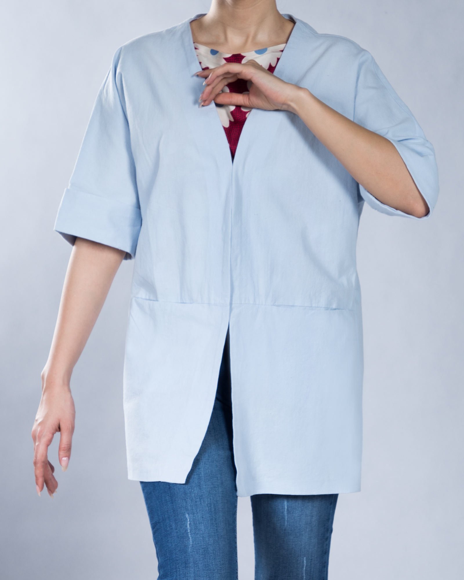 مانتو کوتاه ساده زنانه لنین (لینن) جلو باز - آبی یخی - رو به رو