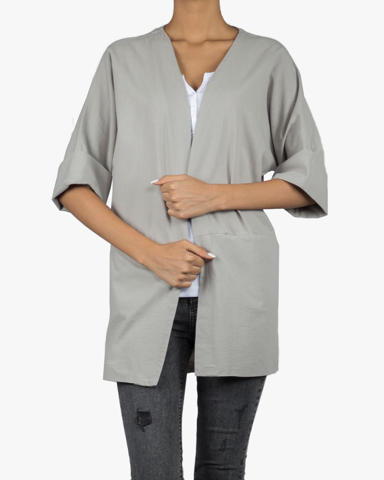 مانتو کوتاه ساده زنانه لنین (لینن) جلو باز - طوسی کمرنگ - رو به رو