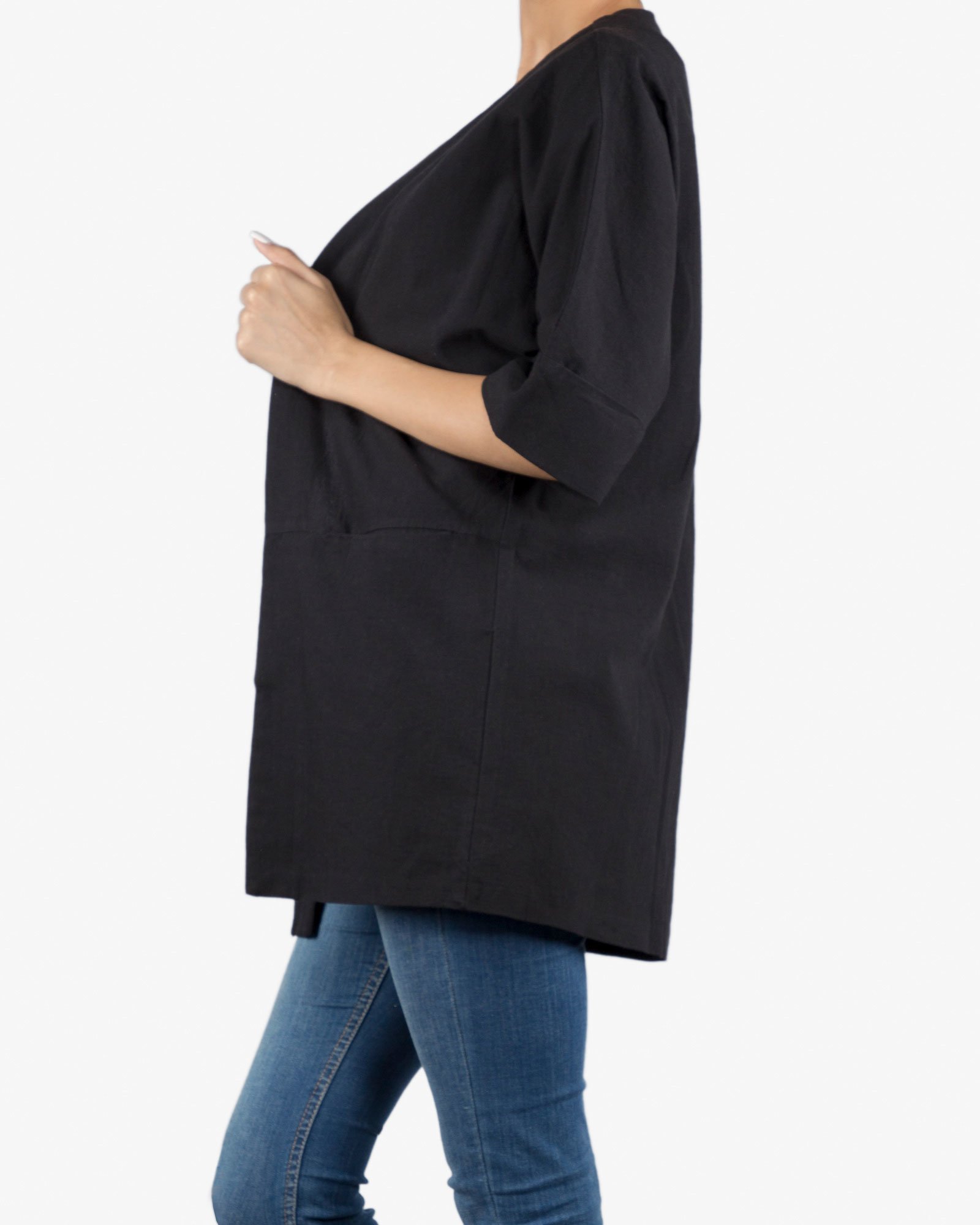 مانتو کوتاه ساده زنانه لنین (لینن) جلو باز - مشکی - بغل
