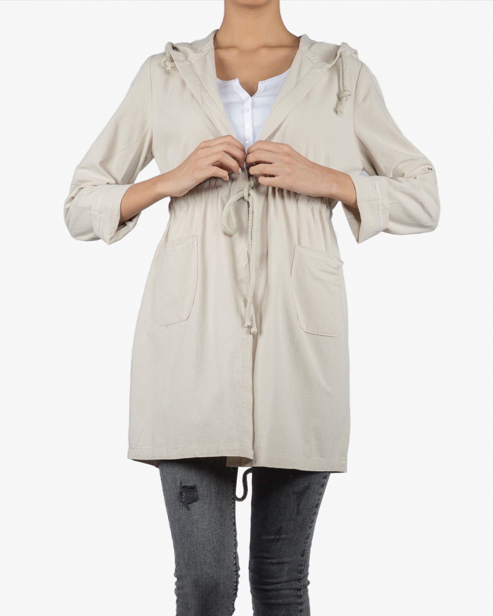 مانتو کوتاه کلاه دار اسپرت دخترانه - استخوانی - رو به رو