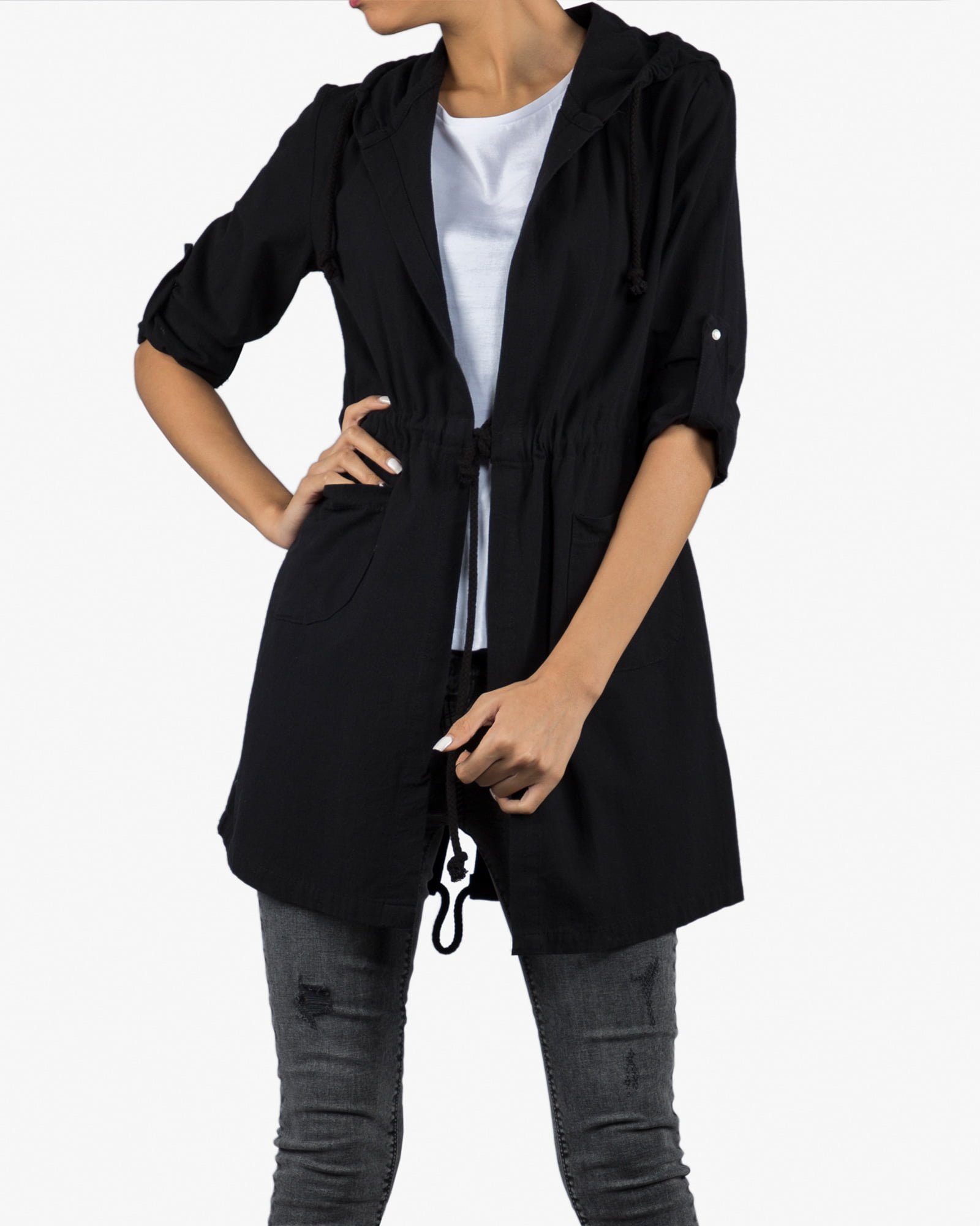 مانتو کوتاه کلاه دار اسپرت دخترانه - مشکی - رو به رو