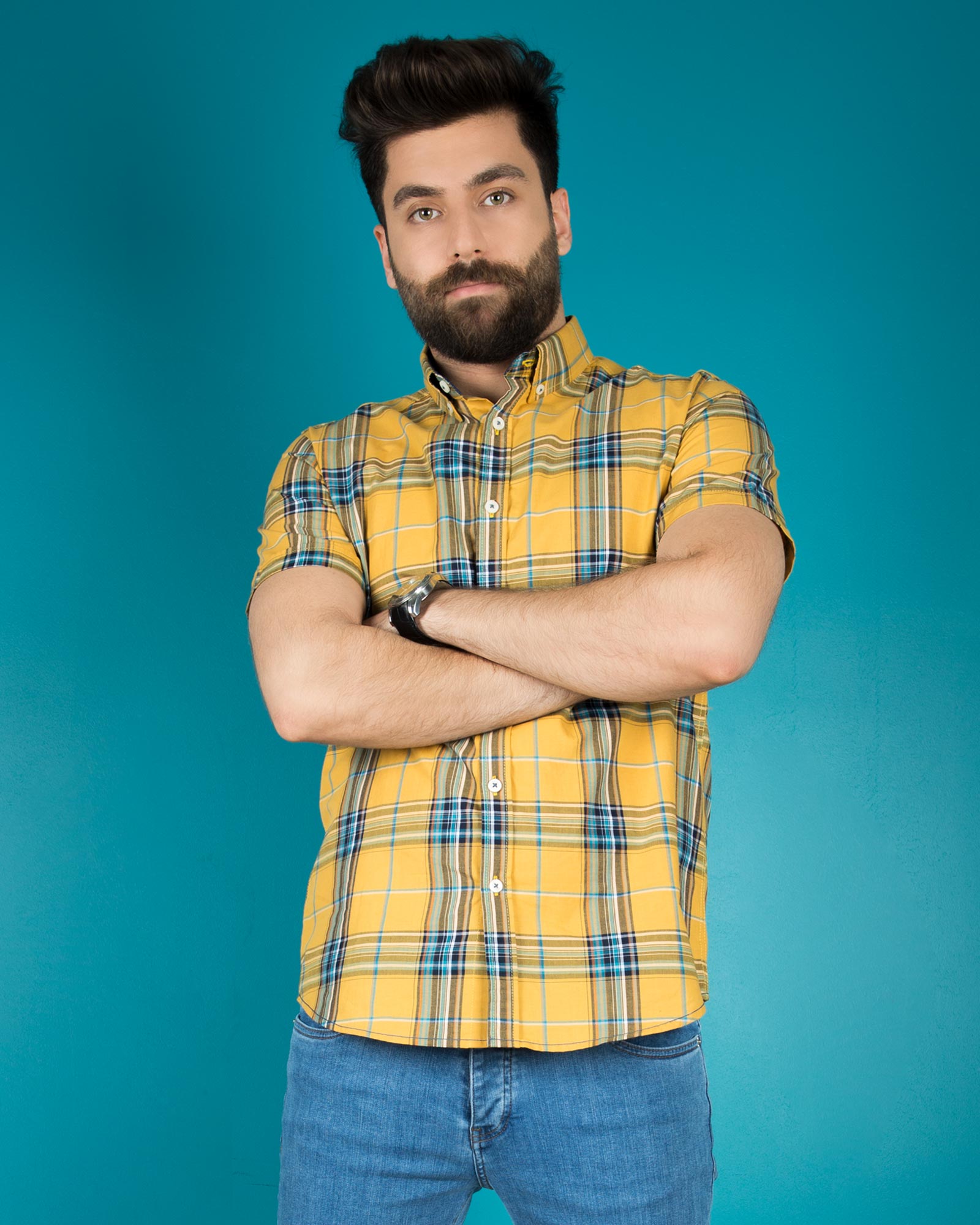 پیراهن آستین کوتاه چهارخانه مردانه - عسلی - محیطی - ۳۵۵۵