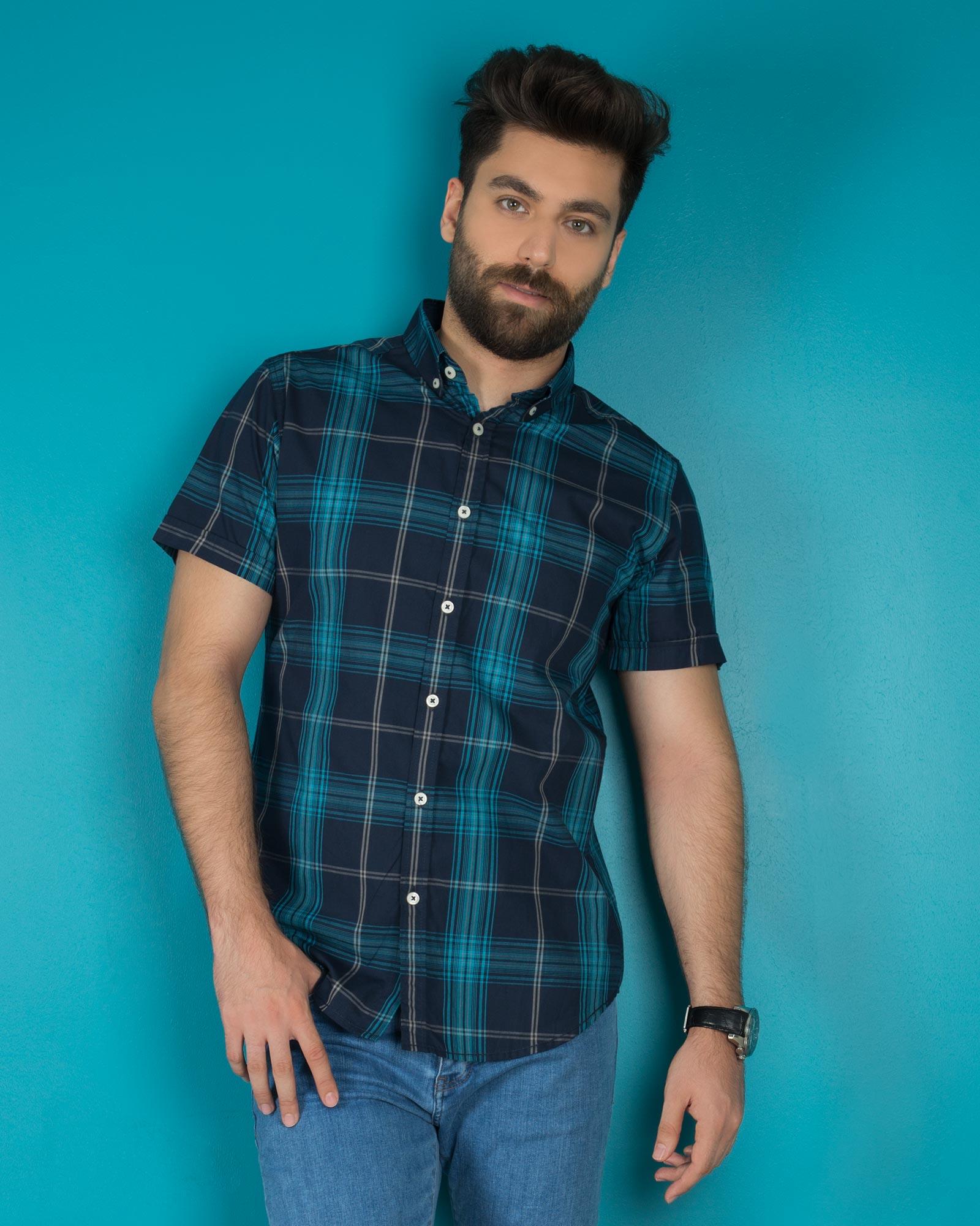 پیراهن سرمه ای آستین کوتاه چهارخانه مردانه - آبی روشن - محیطی - ۳۵۶۹