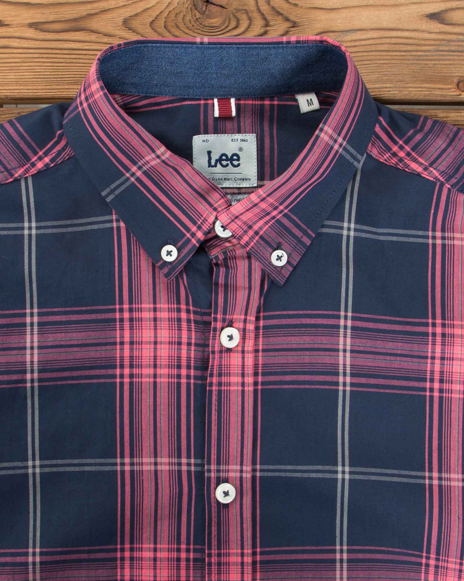 پیراهن سرمه ای آستین کوتاه چهارخانه مردانه - صورتی روشن - یقه - ۳۵۶۴