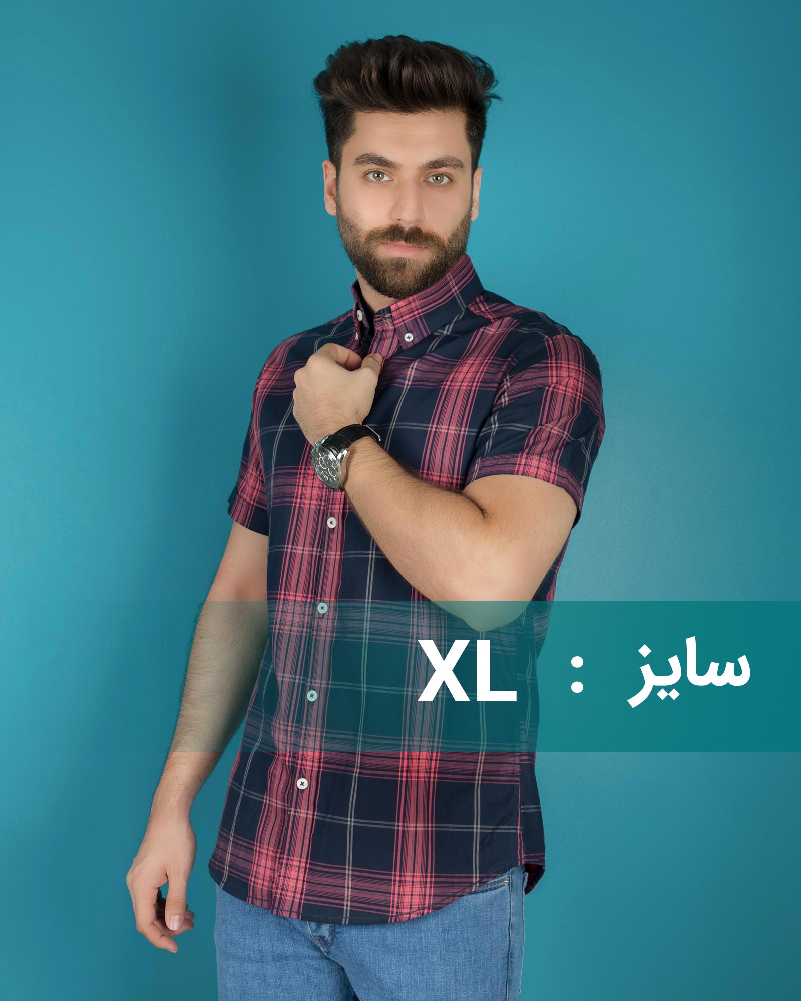 پیراهن سرمه ای آستین کوتاه چهارخانه مردانه - خطوط صورتی