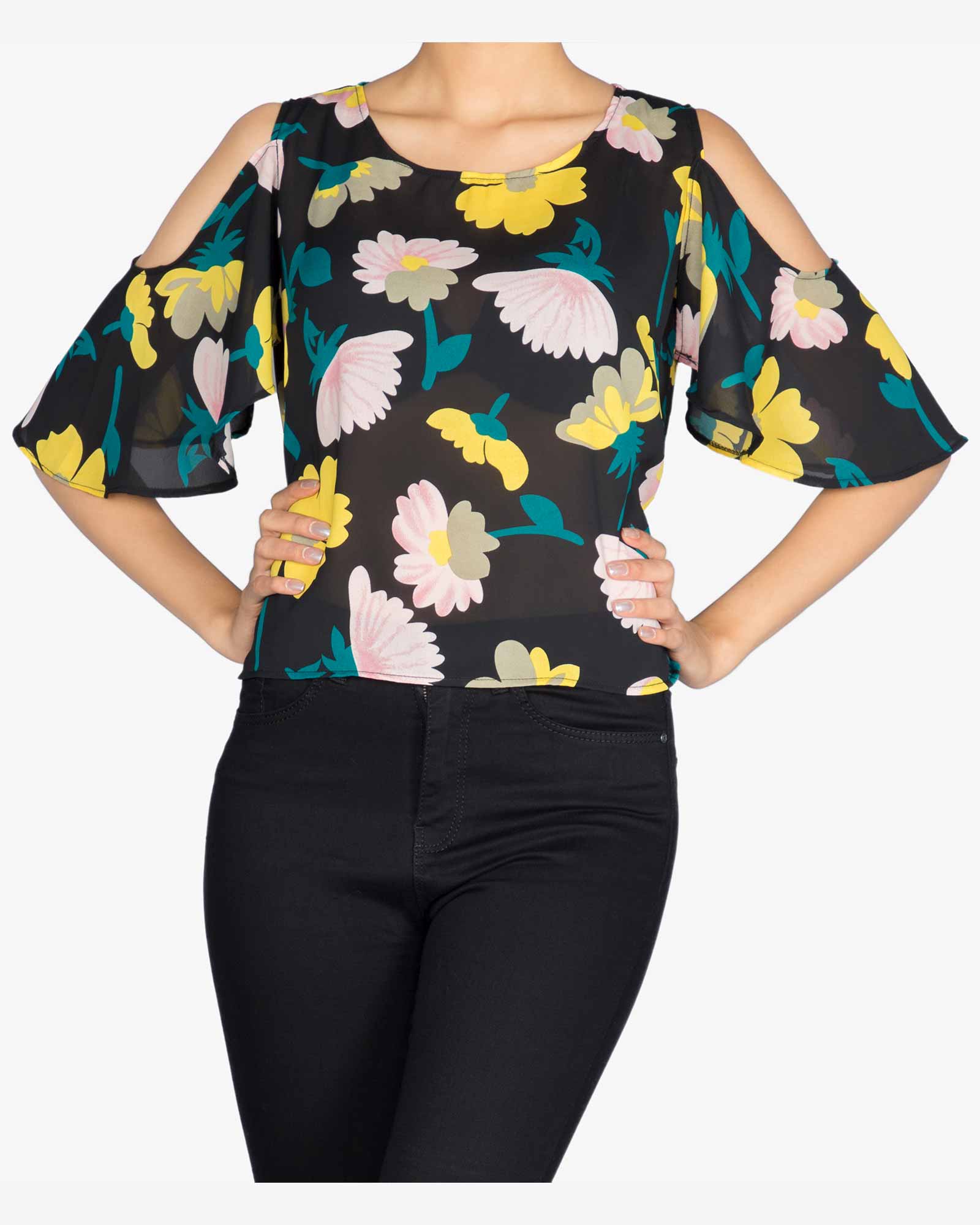 بلوز حریر گلدار زنانه - مشکی - رو به رو