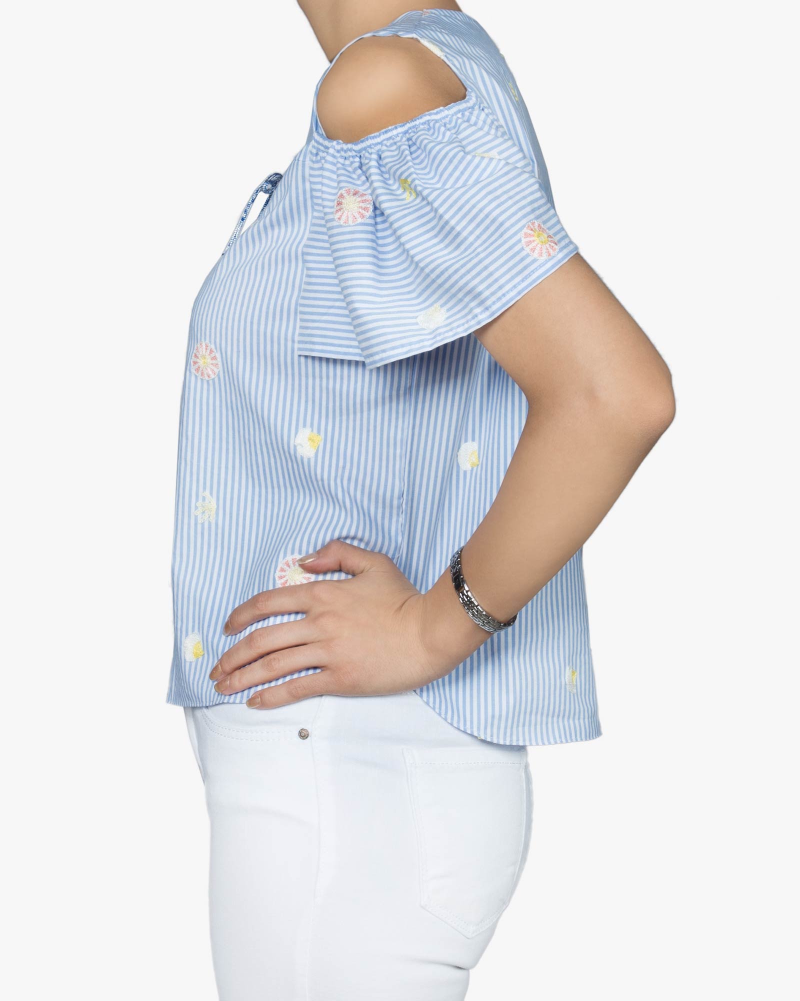 بلوز نخی گلدار راه راه زنانه - آبی روشن - بغل