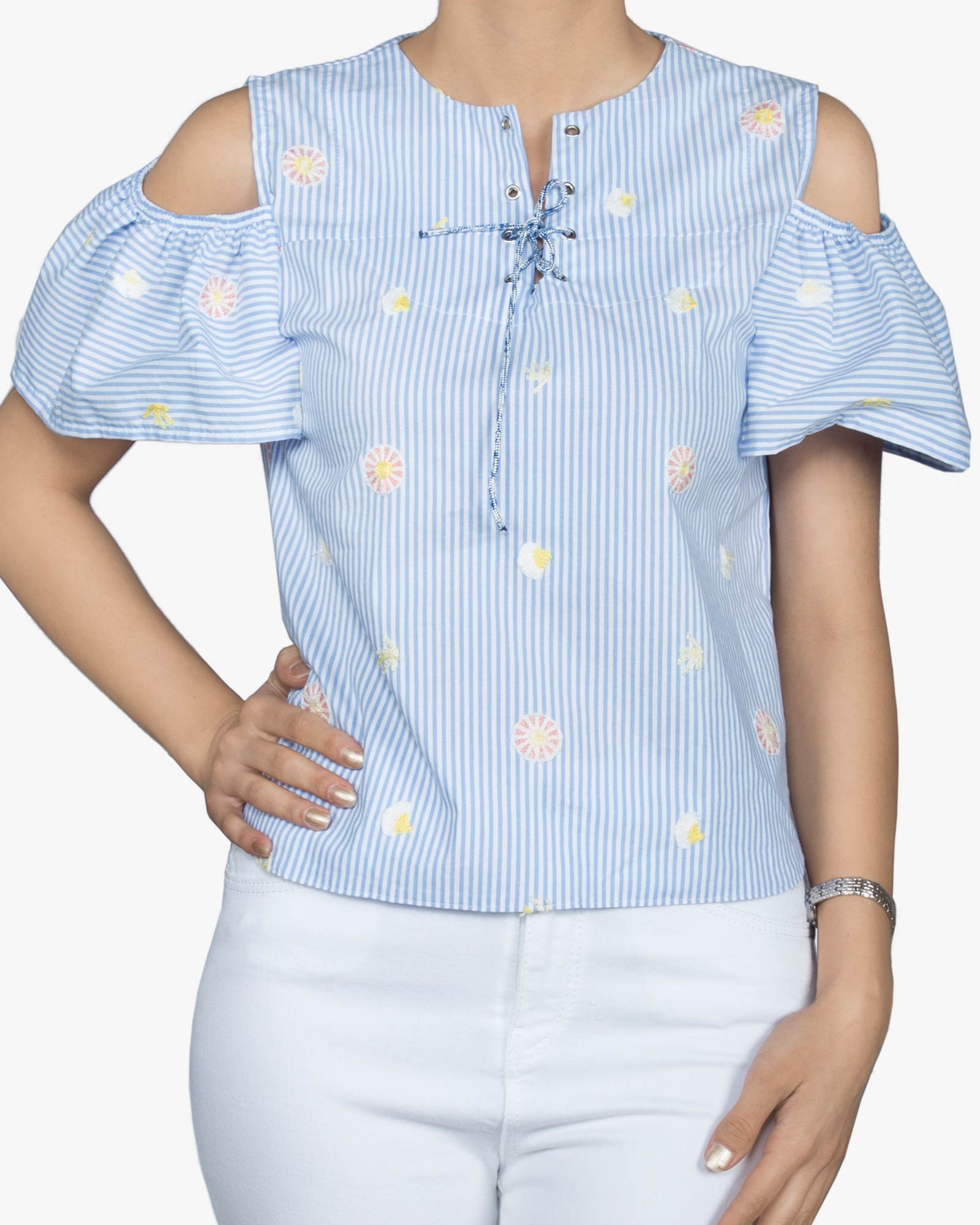 بلوز نخی گلدار راه راه زنانه - آبی روشن - رو به رو