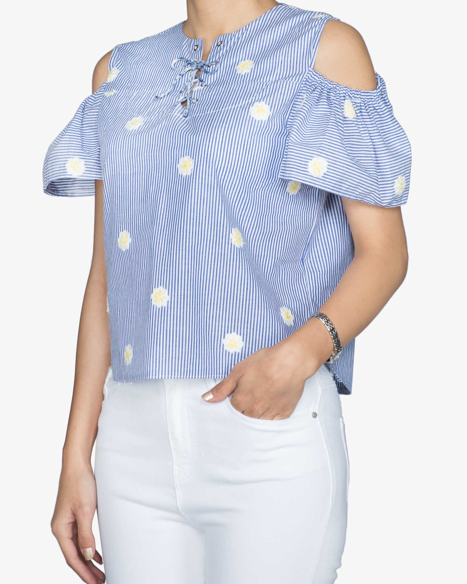 بلوز نخی گلدار راه راه زنانه - سرمه ای - سه رخ