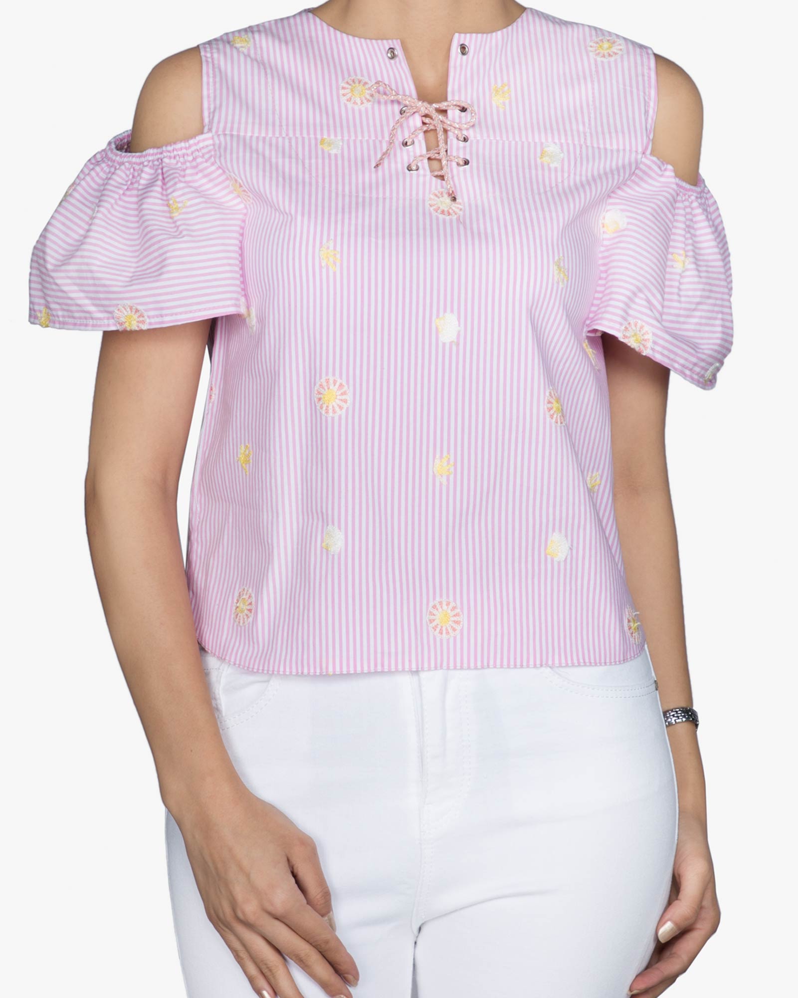 بلوز نخی گلدار راه راه زنانه - صورتی - رو به رو