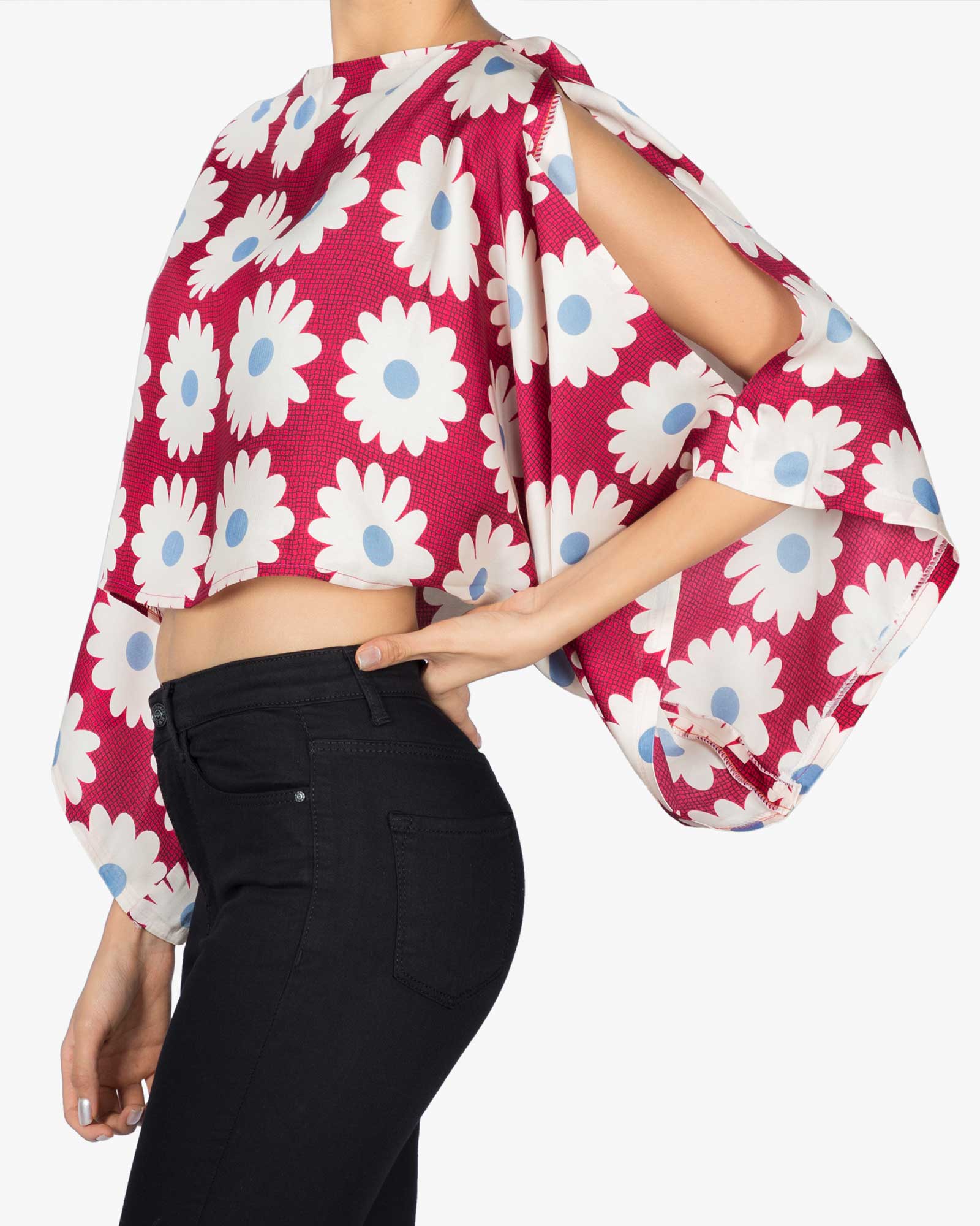 بلوز نیم تنه گلدار زنانه - سرخابی - بغل