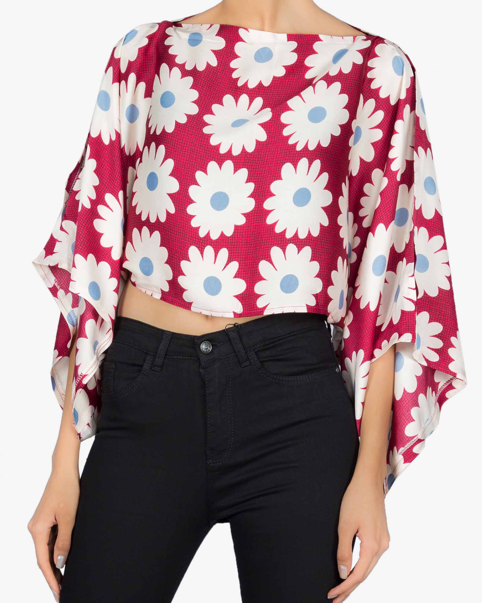 بلوز نیم تنه گلدار زنانه - سرخابی - رو به رو