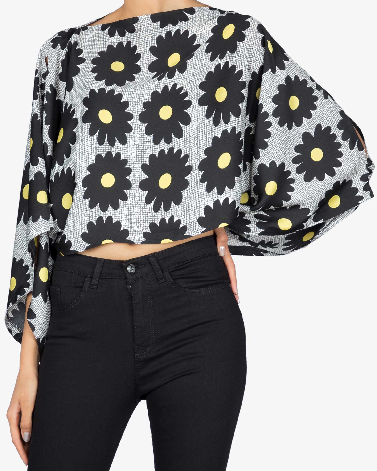 بلوز نیم تنه گلدار زنانه - مشکی - رو به رو