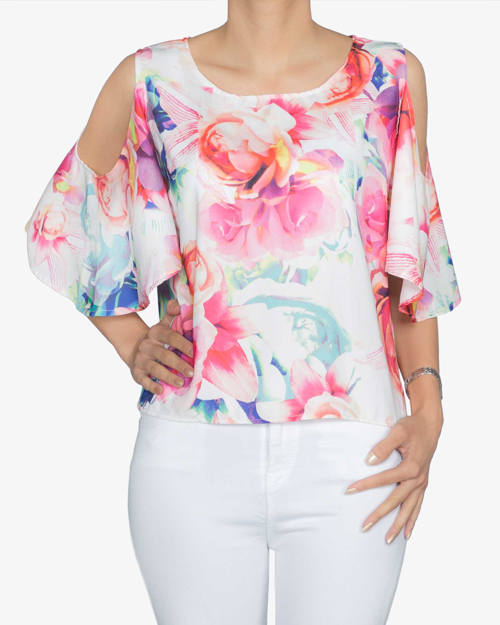 بلوز گل گلی حریر زنانه سفید - سفید - رو به رو