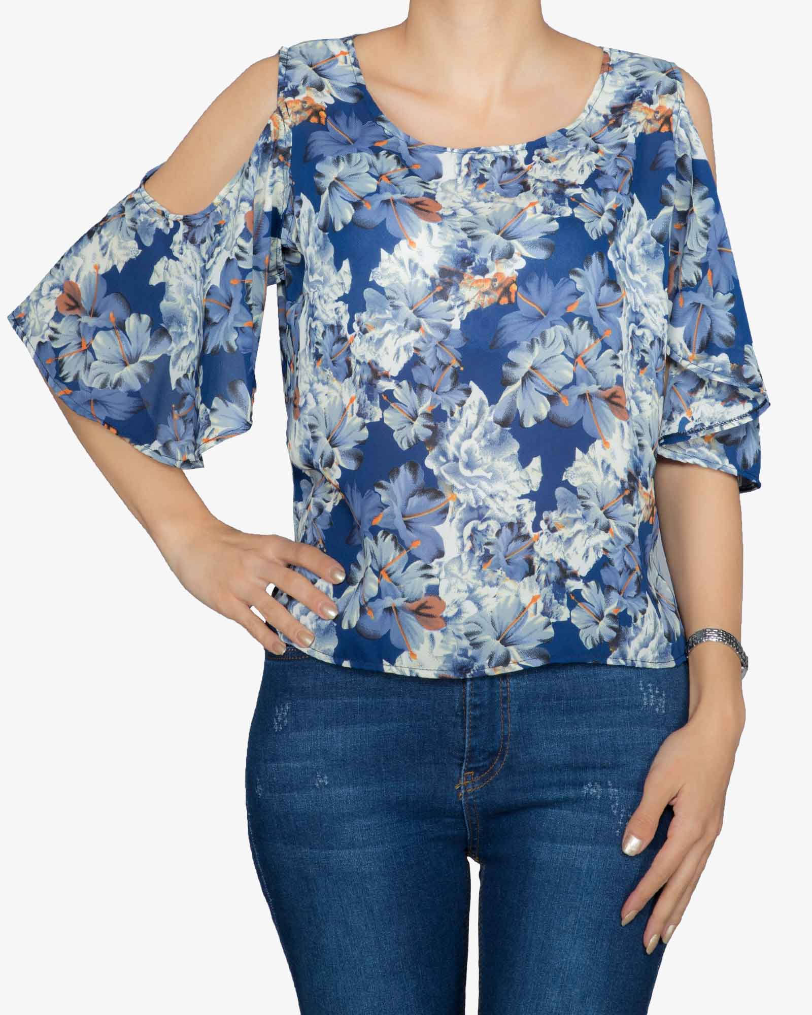 بلوز گل گلی زنانه آبی - آبی تیره - رو به رو