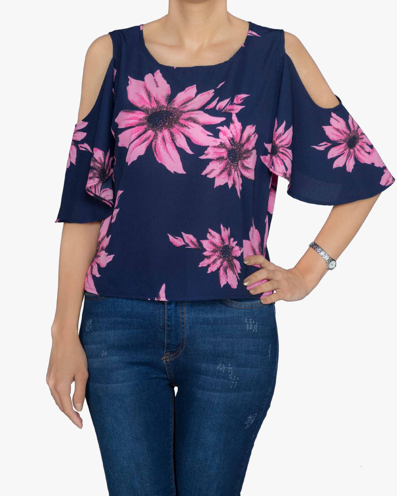 بلوز گلدار زنانه سرمه ای صورتی - سرمه ای - رو به رو