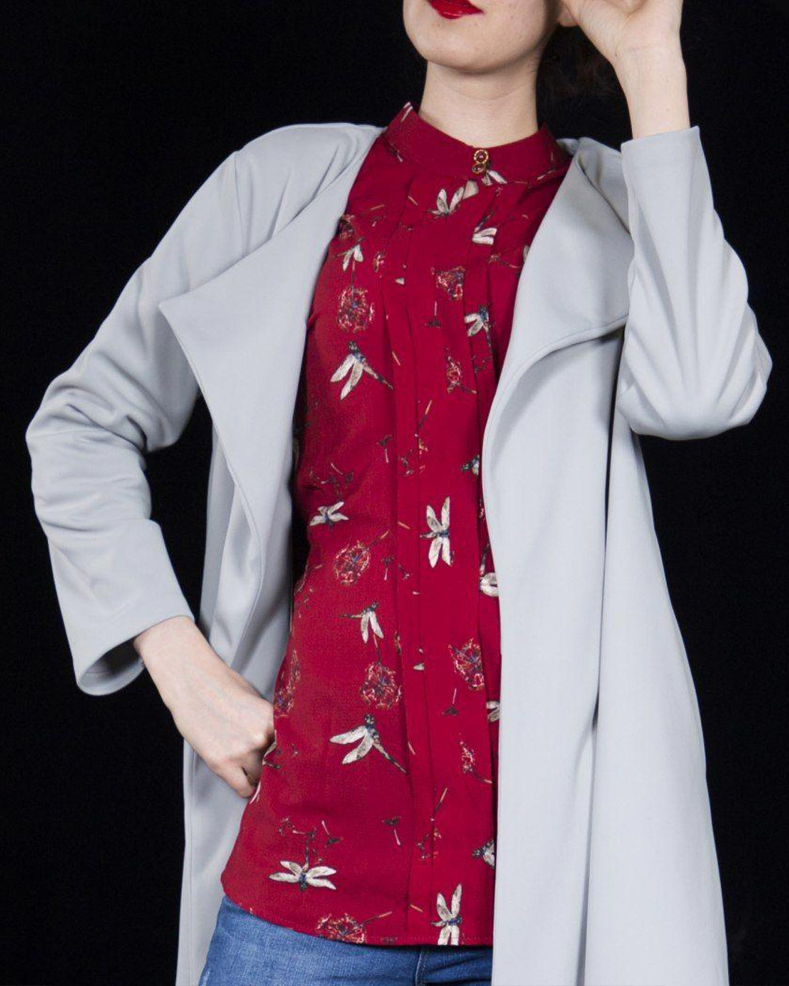 شومیز حریر طرح دار زنانه - شرابی - دخترانه