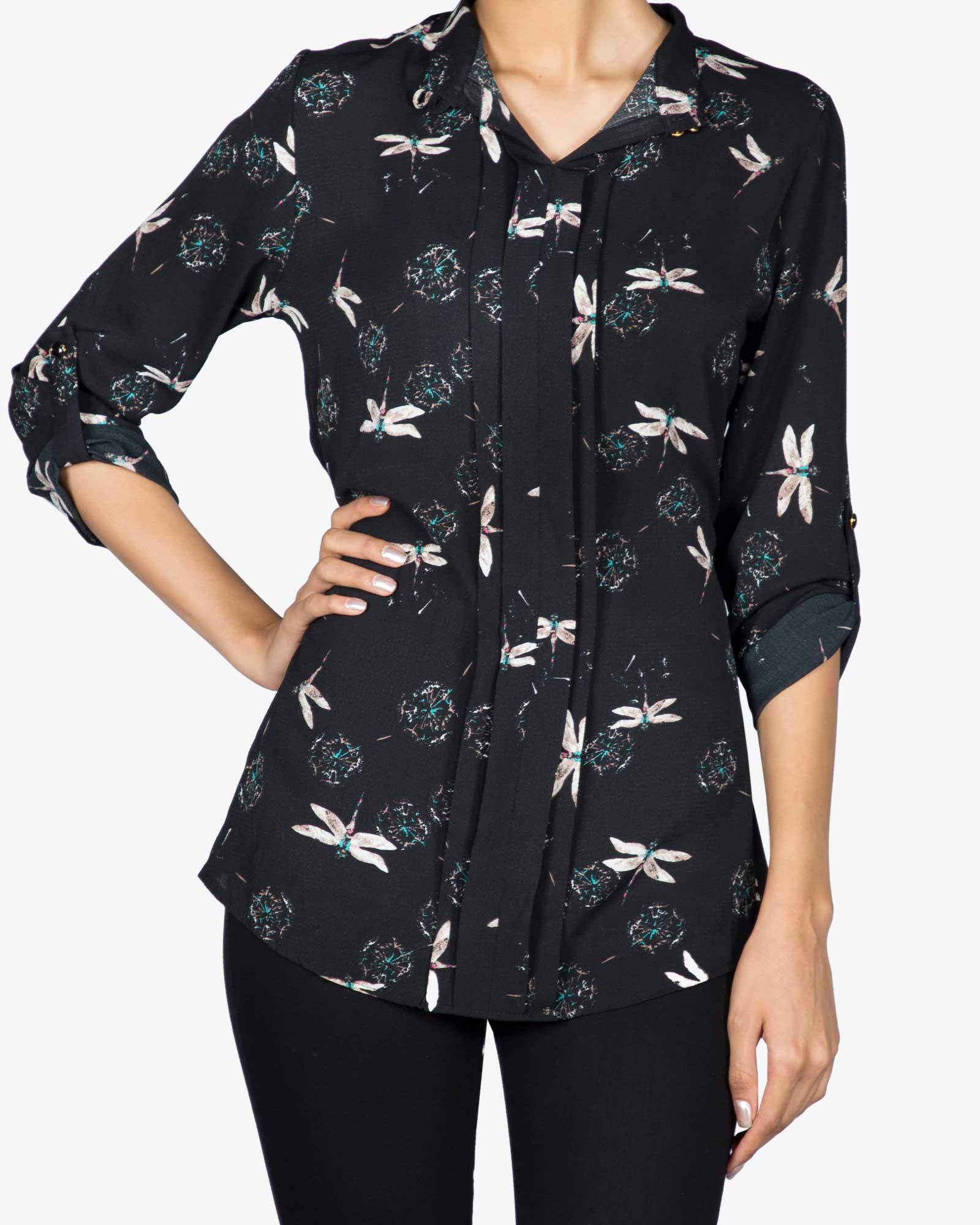 شومیز حریر طرح دار زنانه - مشکی - رو به رو