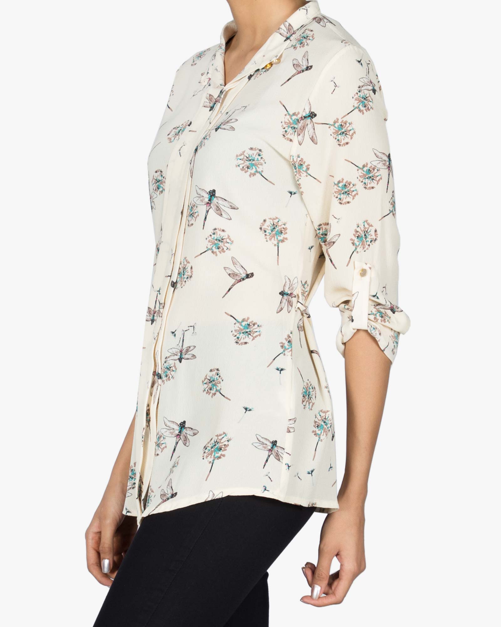 شومیز حریر طرح دار زنانه - کرمی - بغل