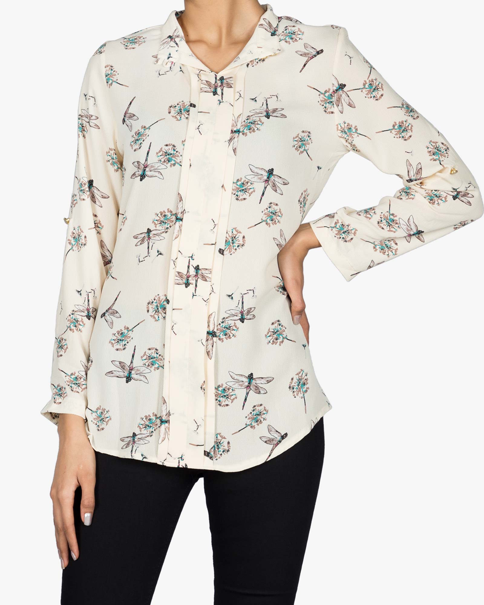 شومیز حریر طرح دار زنانه - کرمی - رو به رو