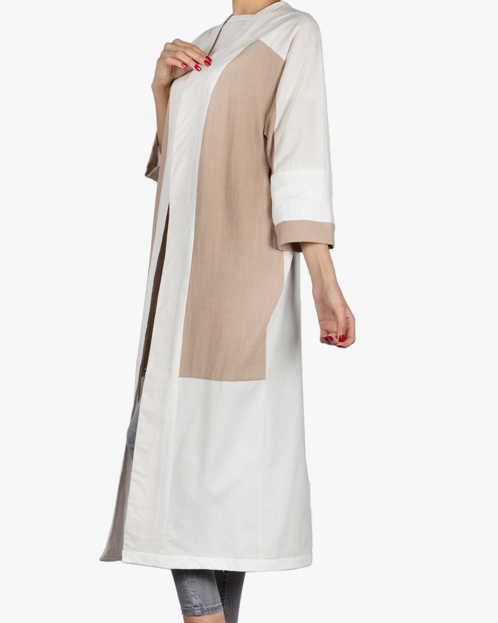 مانتو بلند دو رنگ زنانه جلو باز - استخوانی - بغل