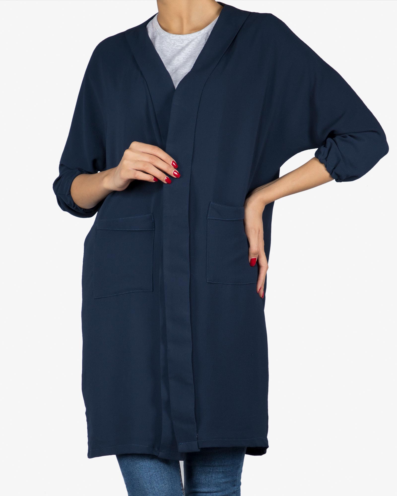 مانتو جیب دار نخی ساده زنانه جلو باز - سرمه ای تیره - بسته