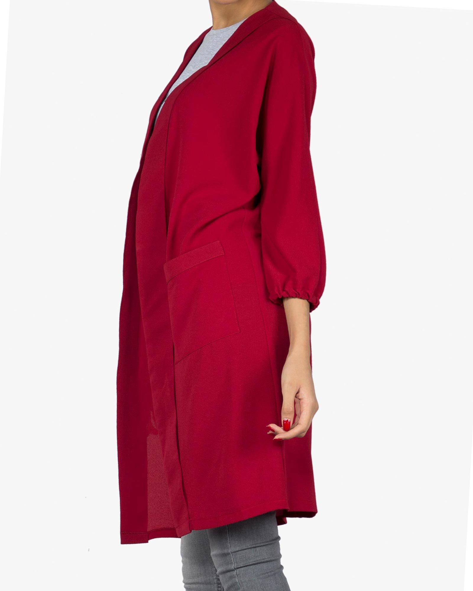 مانتو جیب دار نخی ساده زنانه جلو باز - شرابی - بغل