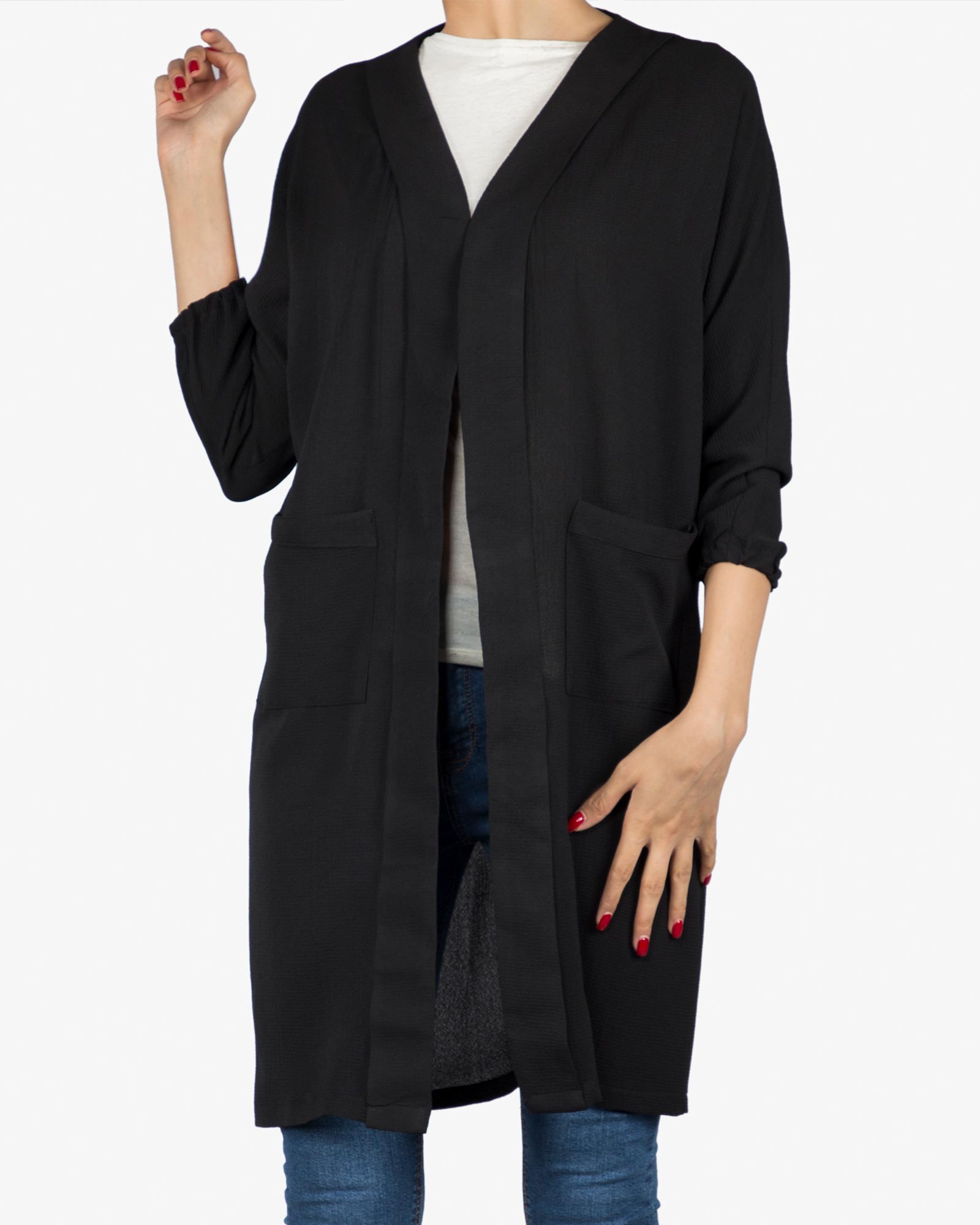 مانتو جیب دار نخی ساده زنانه جلو باز - مشکی - بسته