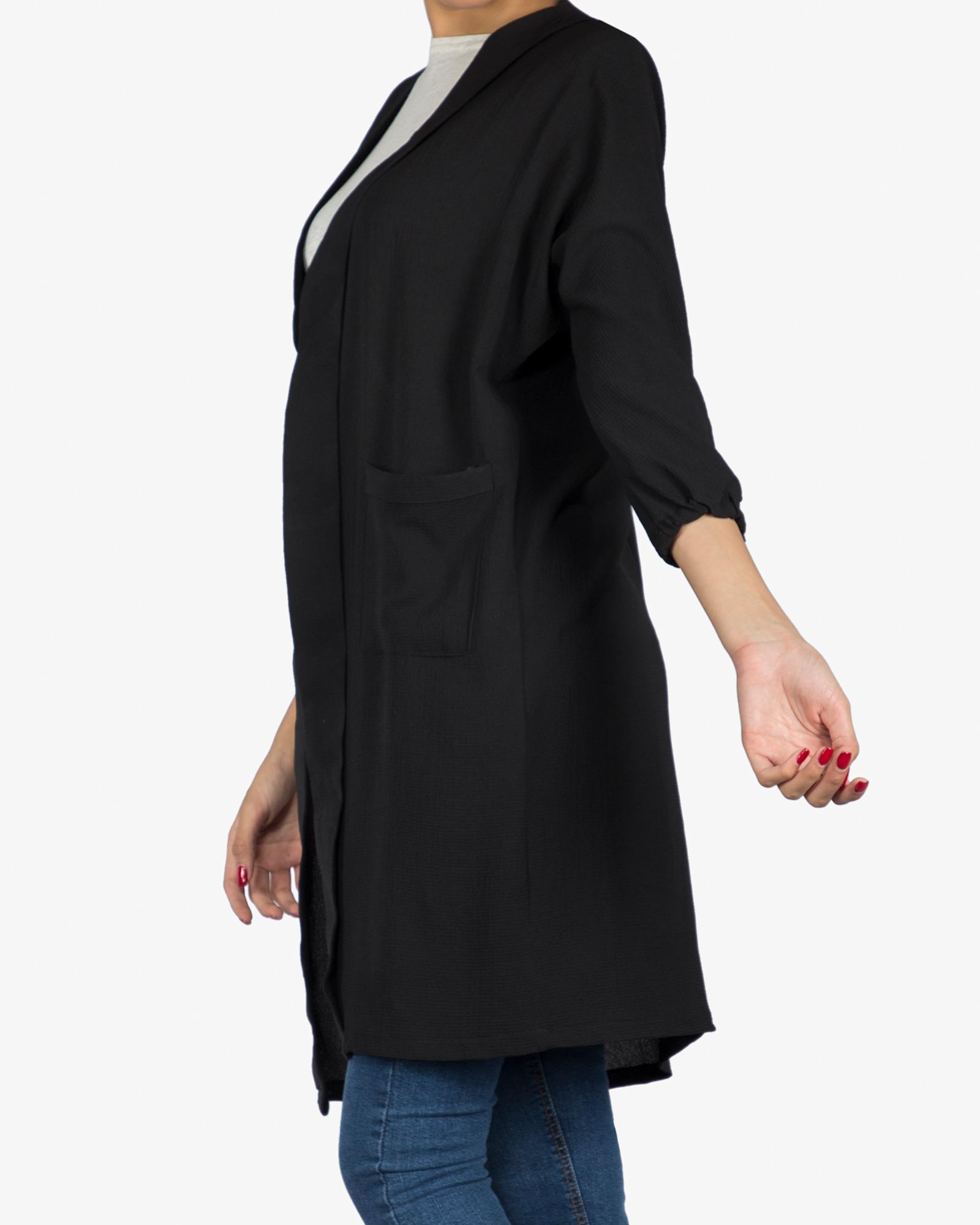 مانتو جیب دار نخی ساده زنانه جلو باز - مشکی - بغل