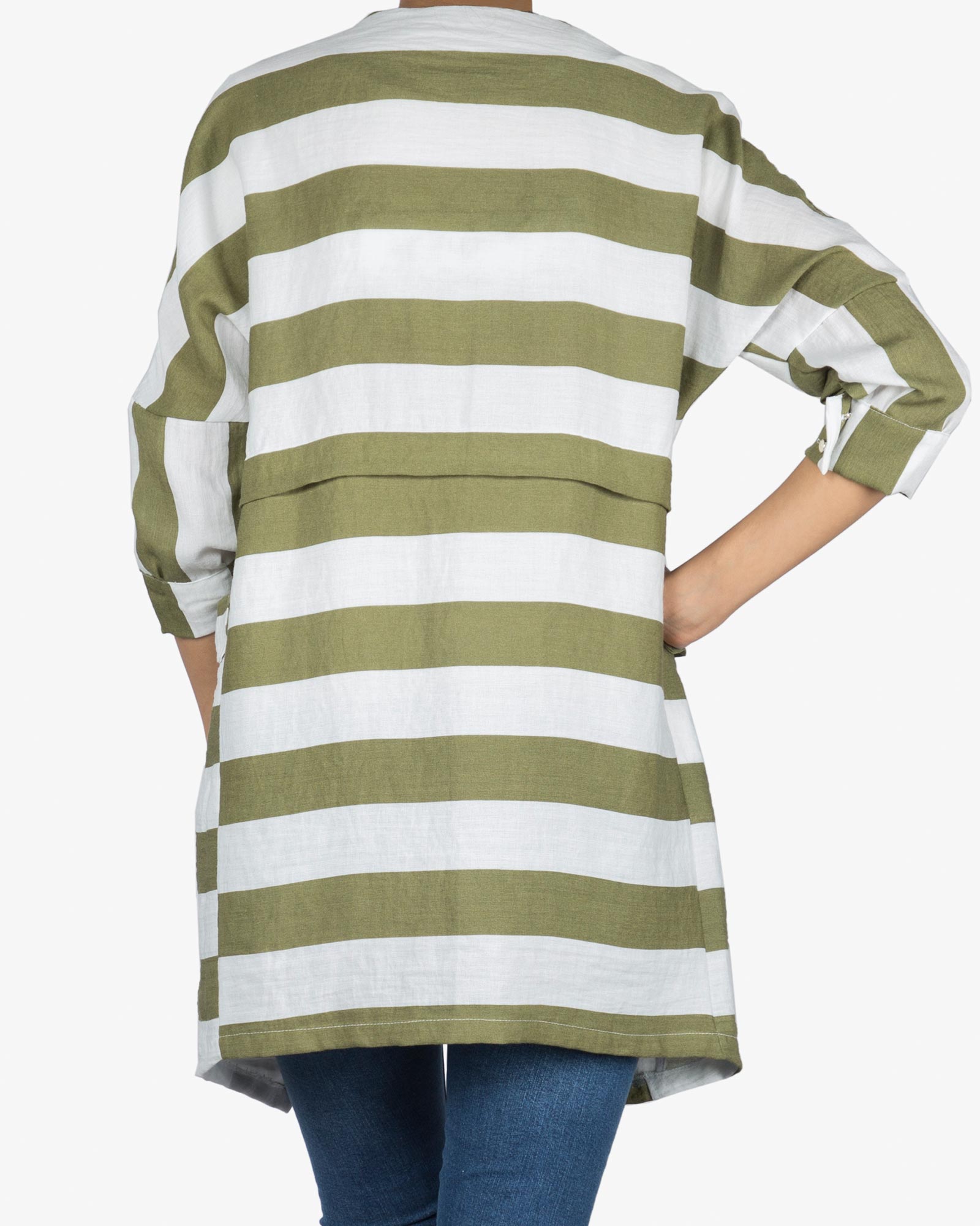 مانتو نخی راه راه سفید سبز کوتاه جلو باز - زیتونی سیر - پشت