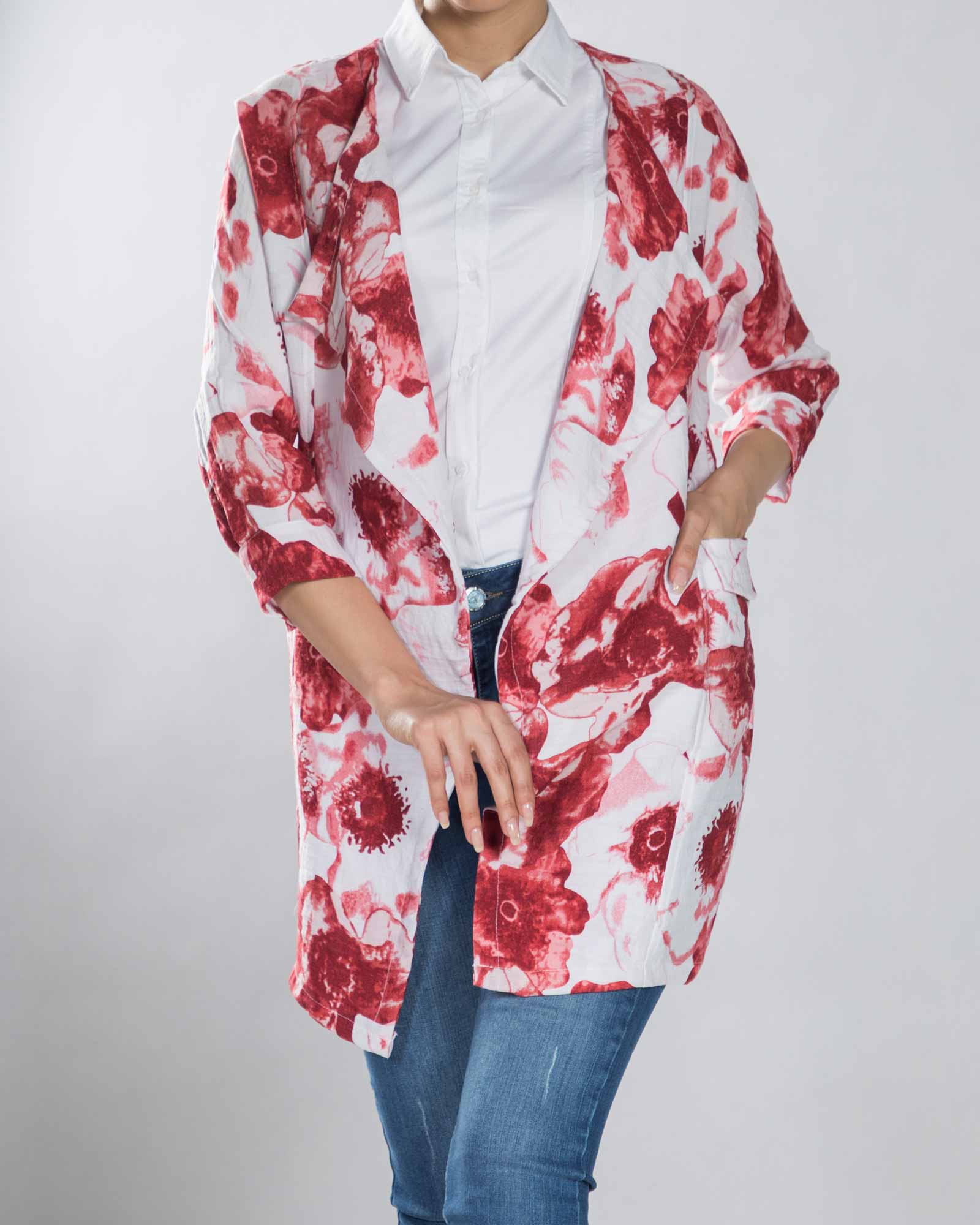 مانتو گلدار کوتاه زنانه جلو باز - زرشکی - جلو باز