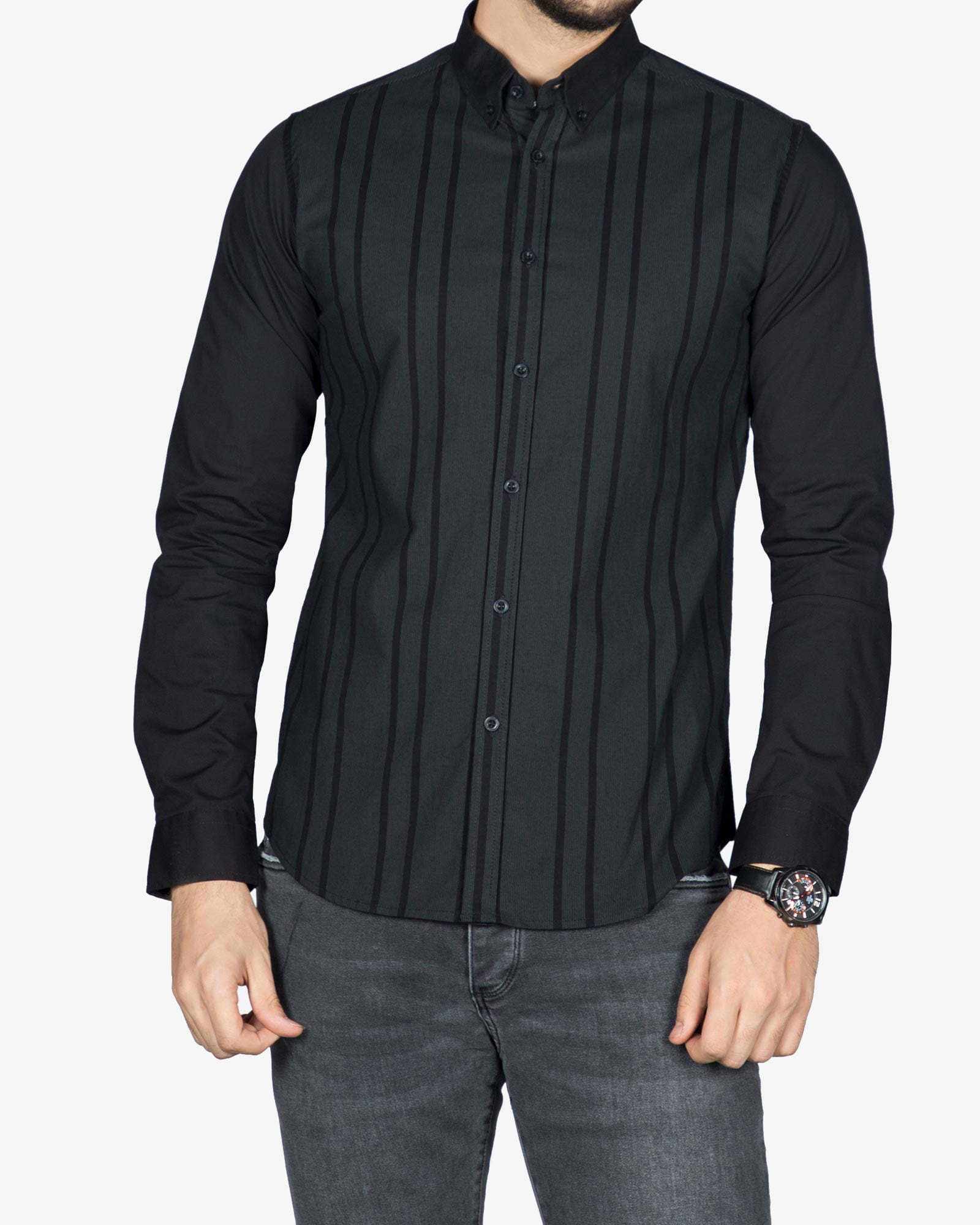 پیراهن راه راه مشکی مردانه - مشکی - رو به رو