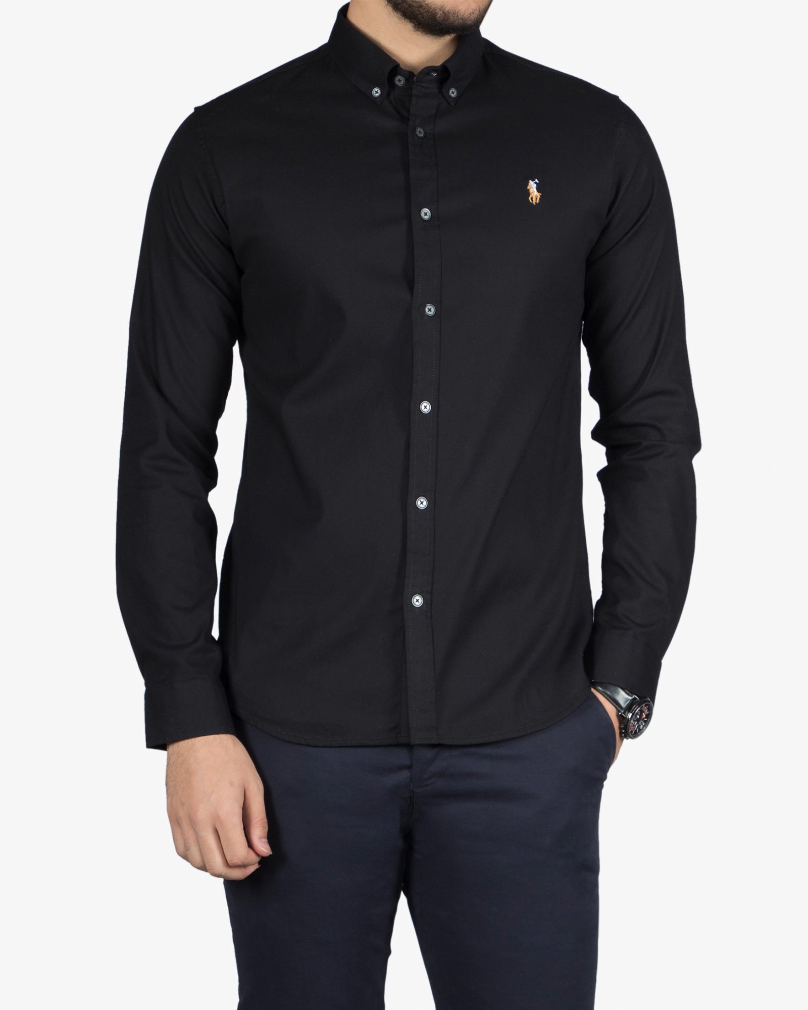 پیراهن ساده آستین بلند مردانه - مشکی - رو به رو