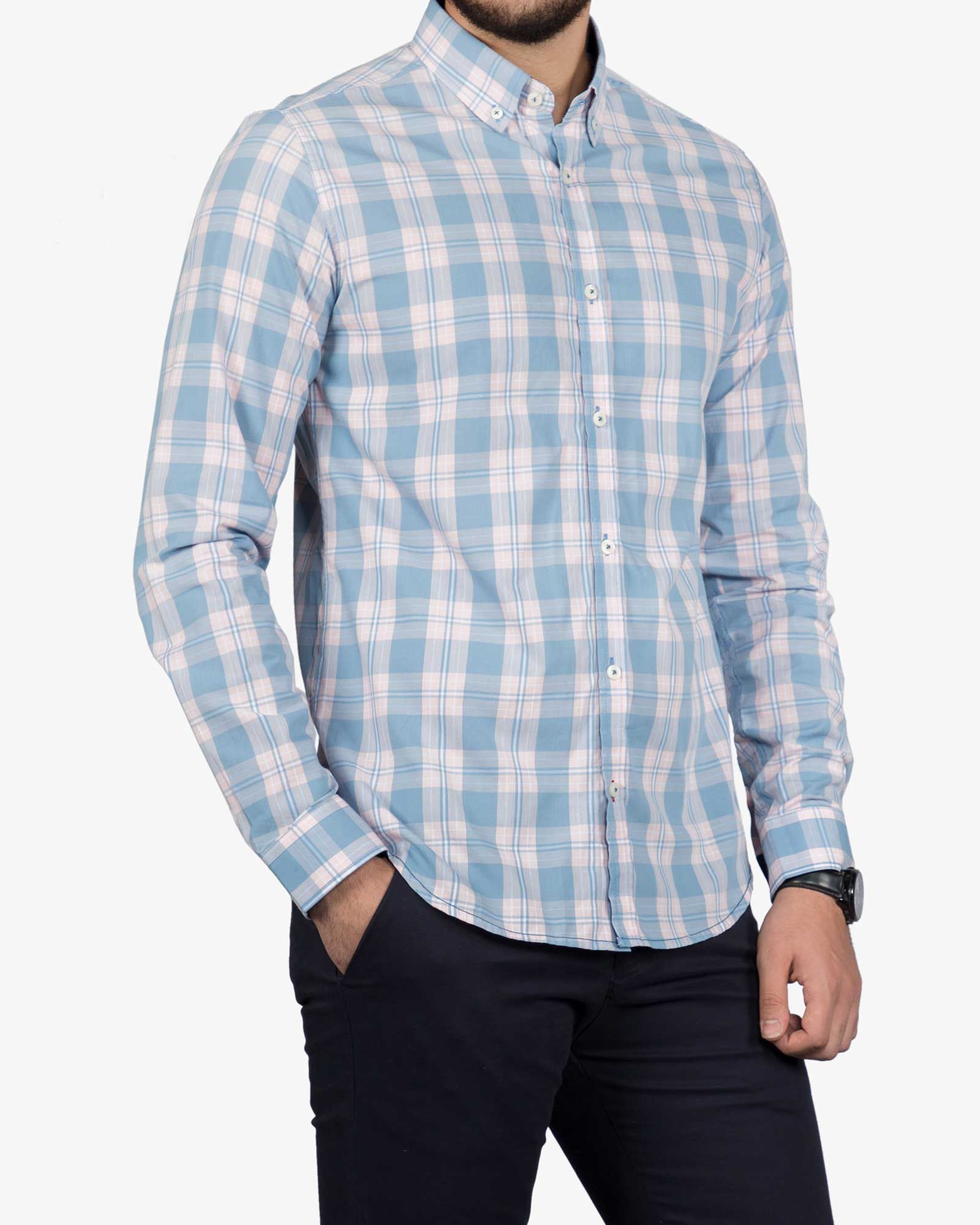 پیراهن مردانه آستین بلند چهارخانه - آبی روشن - رو به رو
