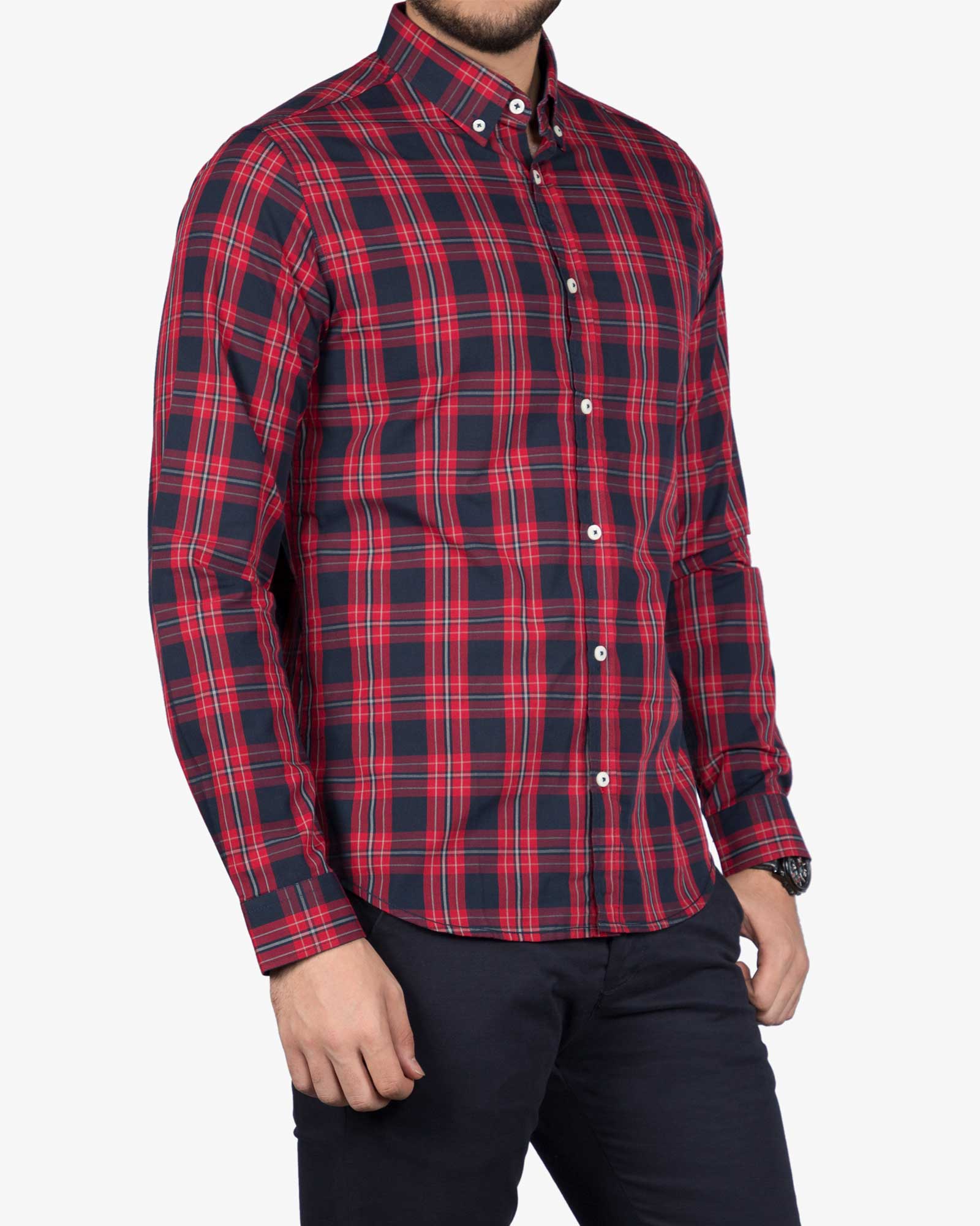 پیراهن مردانه آستین بلند چهارخانه - قرمز - رو به رو