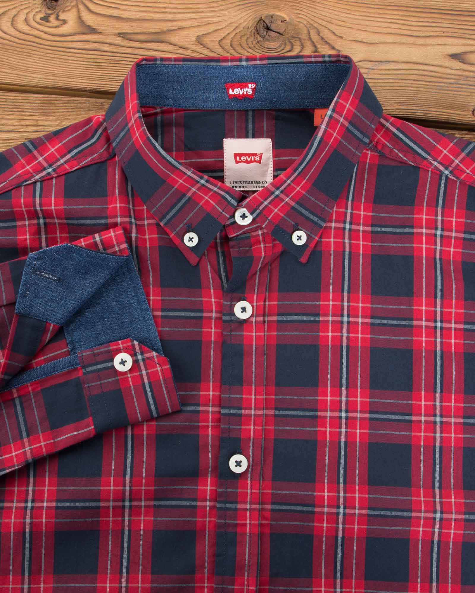 پیراهن مردانه آستین بلند چهارخانه - قرمز - یقه