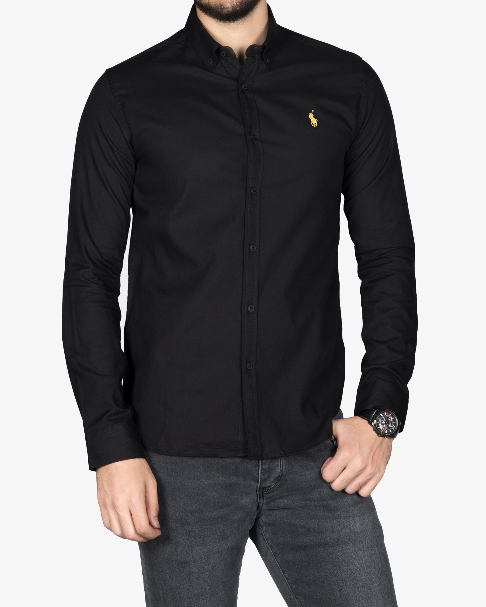 پیراهن مشکی ساده مردانه - مشکی - رو به رو