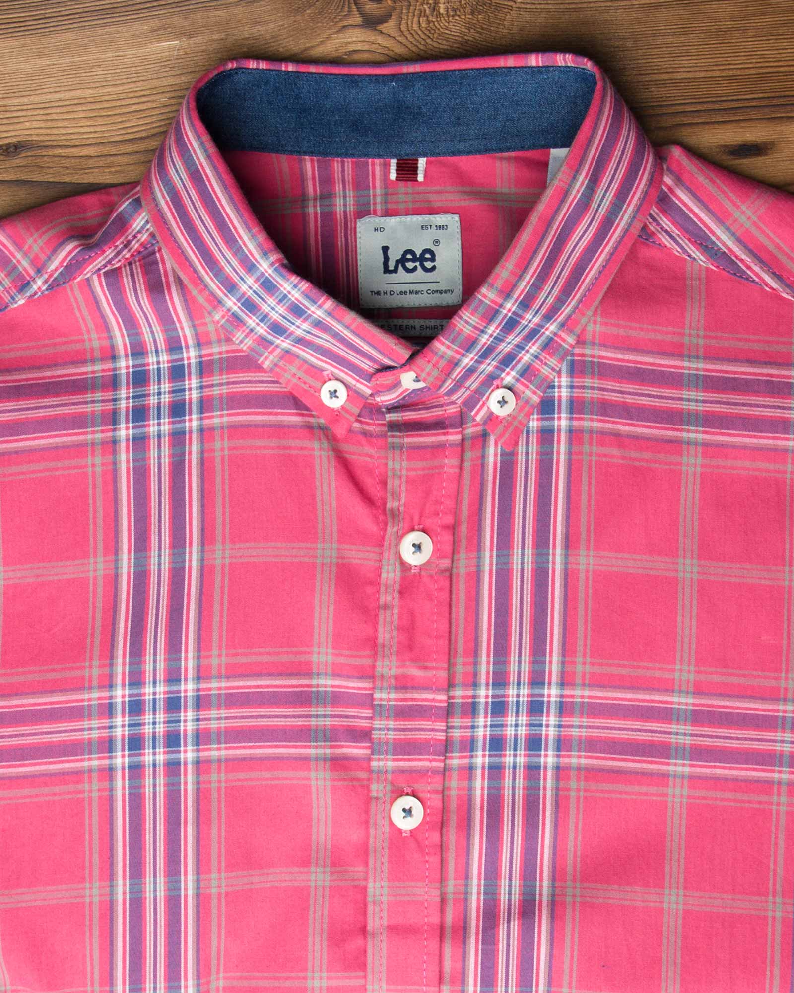 پیراهن چهارخانه صورتی آبی مردانه - ارغوانی روشن - یقه