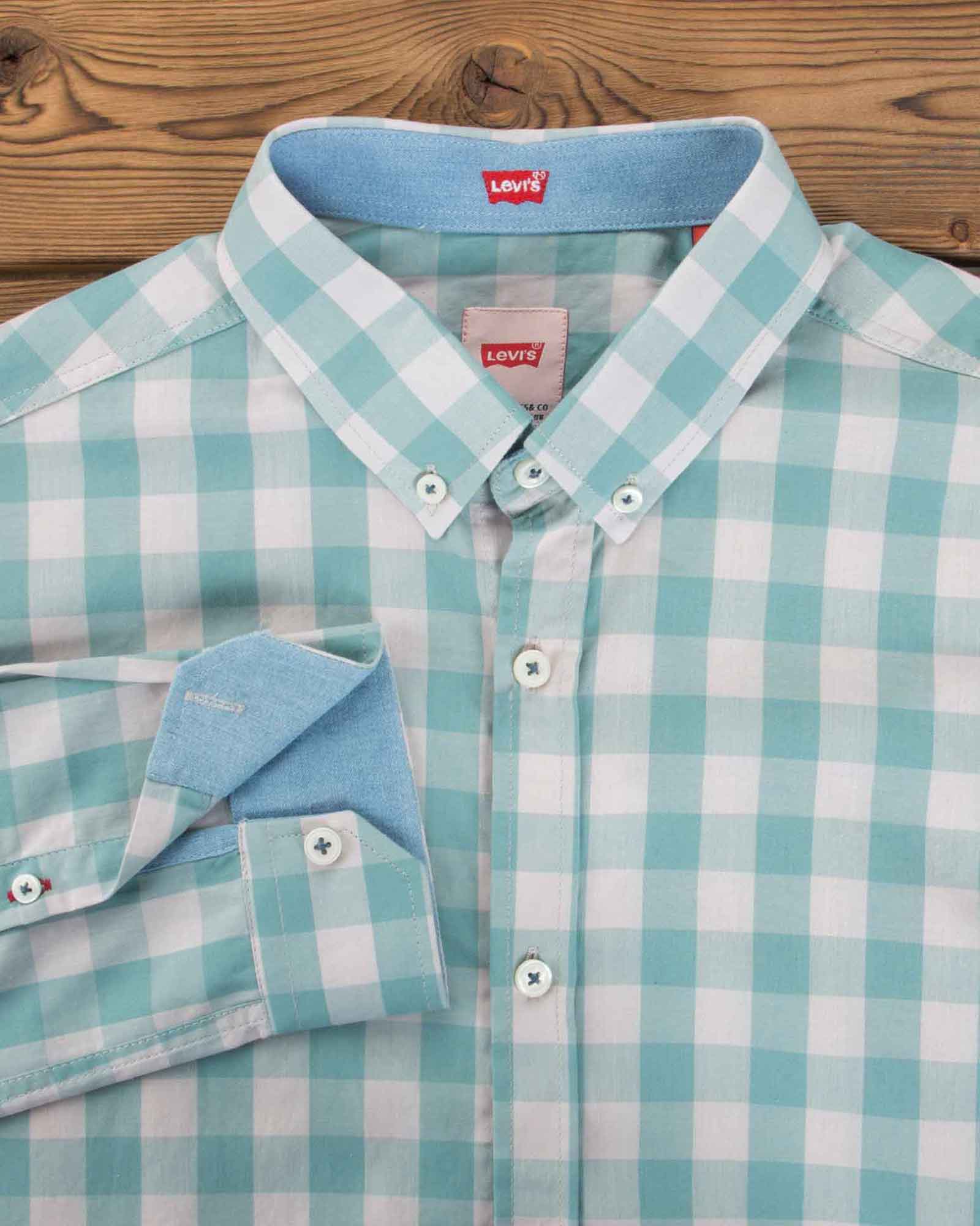 پیراهن چهارخانه مردانه سفید سبزآبی آستین بلند - سبز دریایی - یقه مردانه