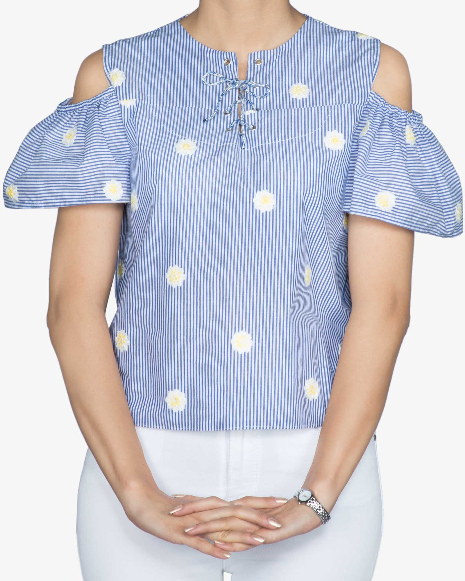 بلوز نخی گلدار راه راه زنانه - سرمه ای - رو به رو