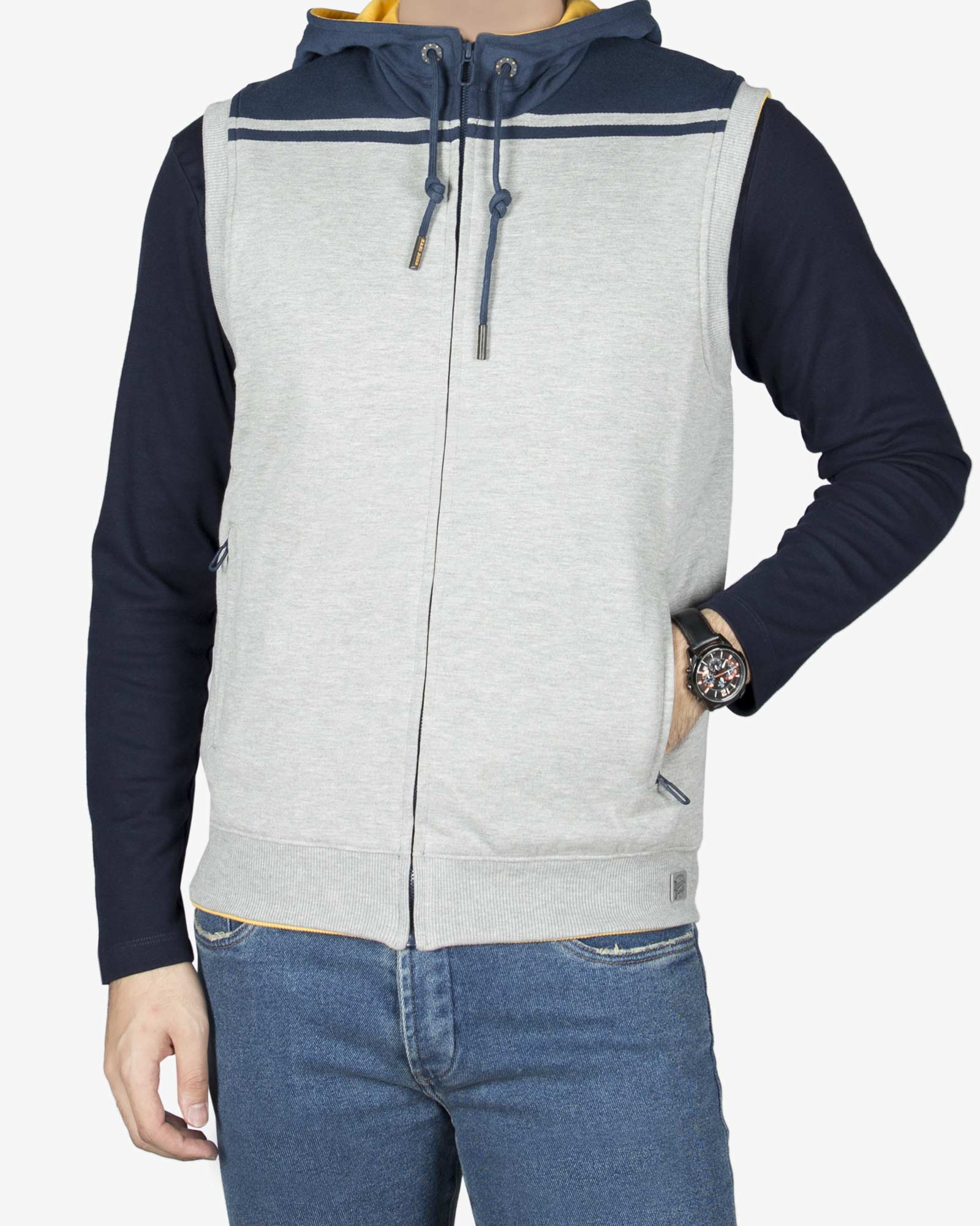 سویشرت مردانه کلاه دار آستین حلقه ای طوسی - ملانژ - رو به رو