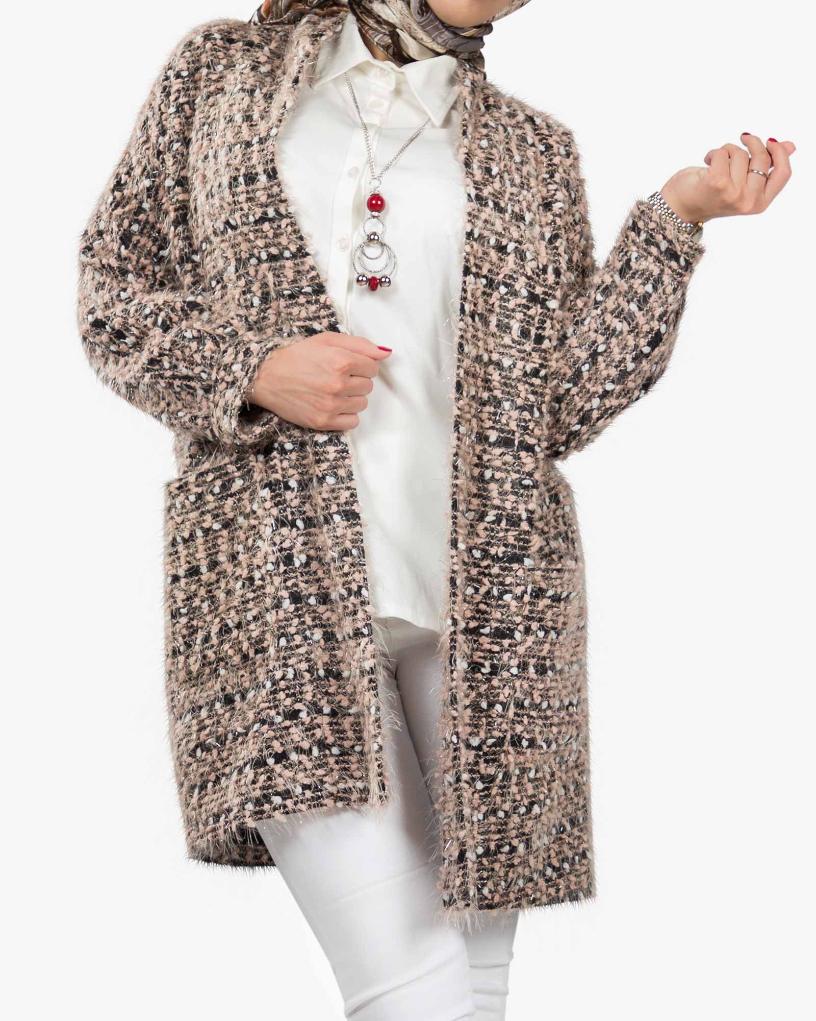 مانتو بافت پاییزه زنانه کوتاه جلو باز - هلویی سیر - جلو باز