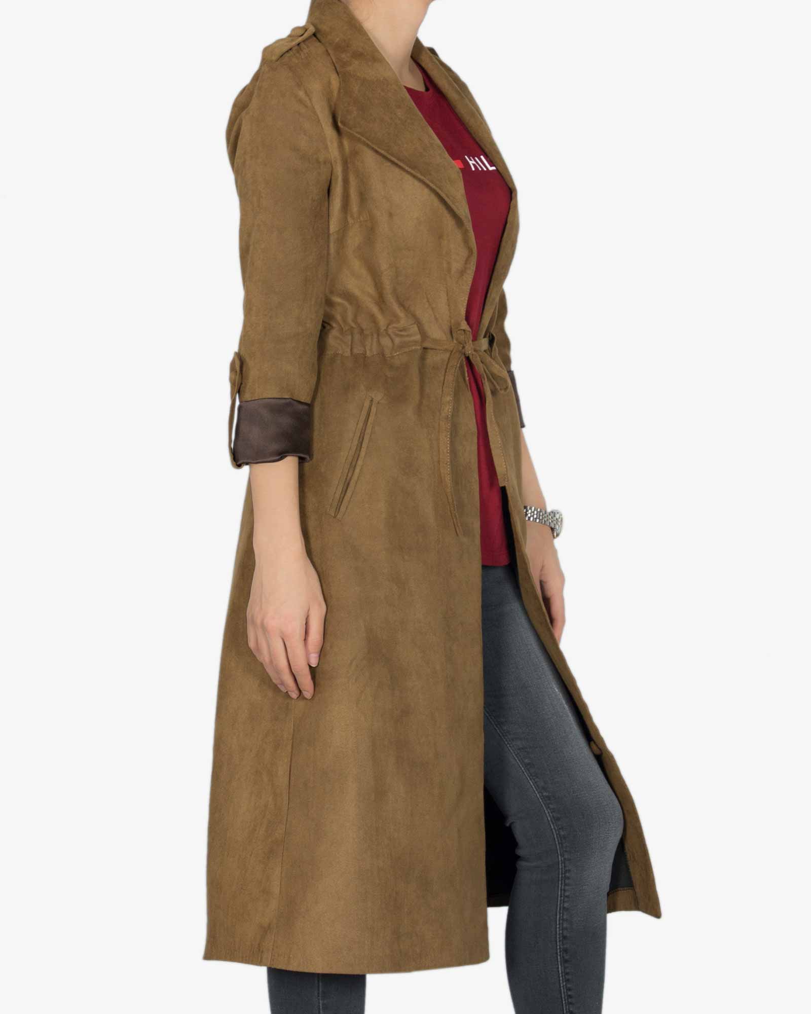 مانتو بلند پاییزه یقه آمریکایی جیب دار جلو باز - سبز ارتشی - بغل