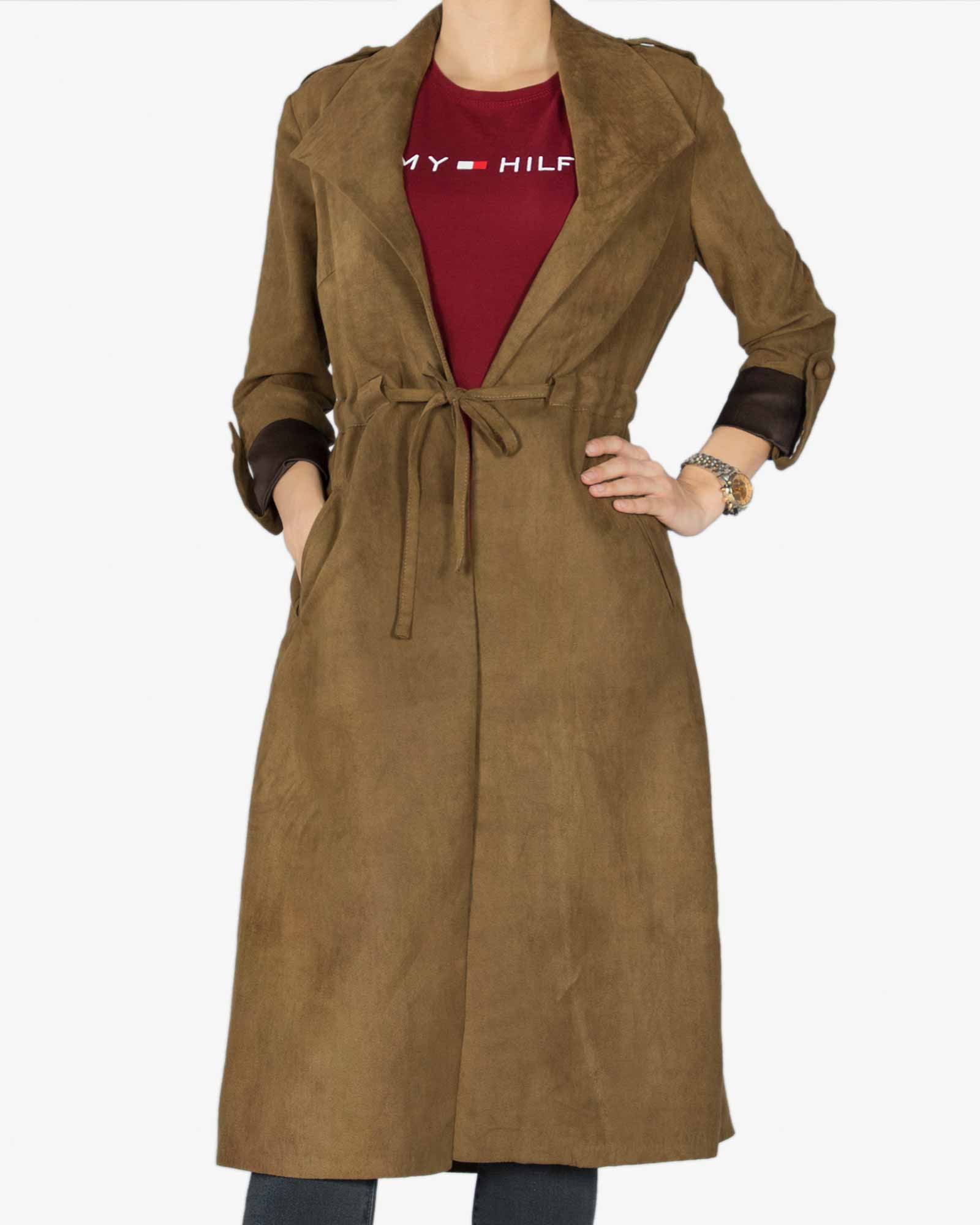 مانتو بلند پاییزه یقه آمریکایی جیب دار جلو باز - سبز ارتشی - رو به رو