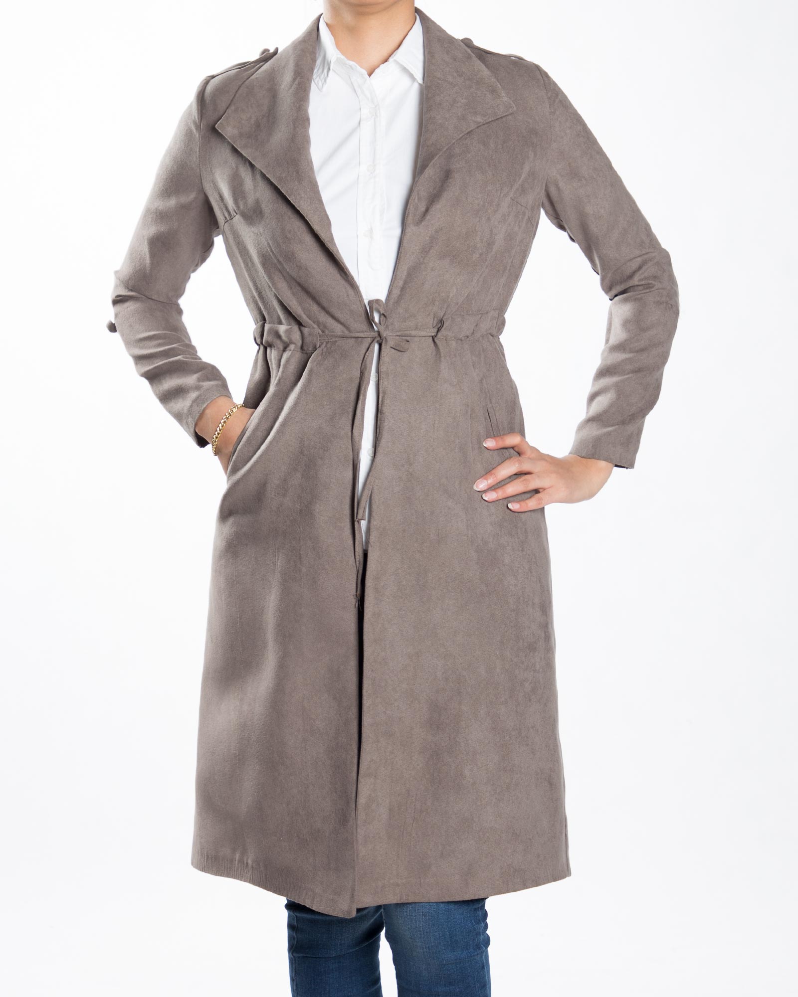 مانتو بلند پاییزه یقه آمریکایی جیب دار جلو باز - طوسی قهوه ای - رو به رو مانتو