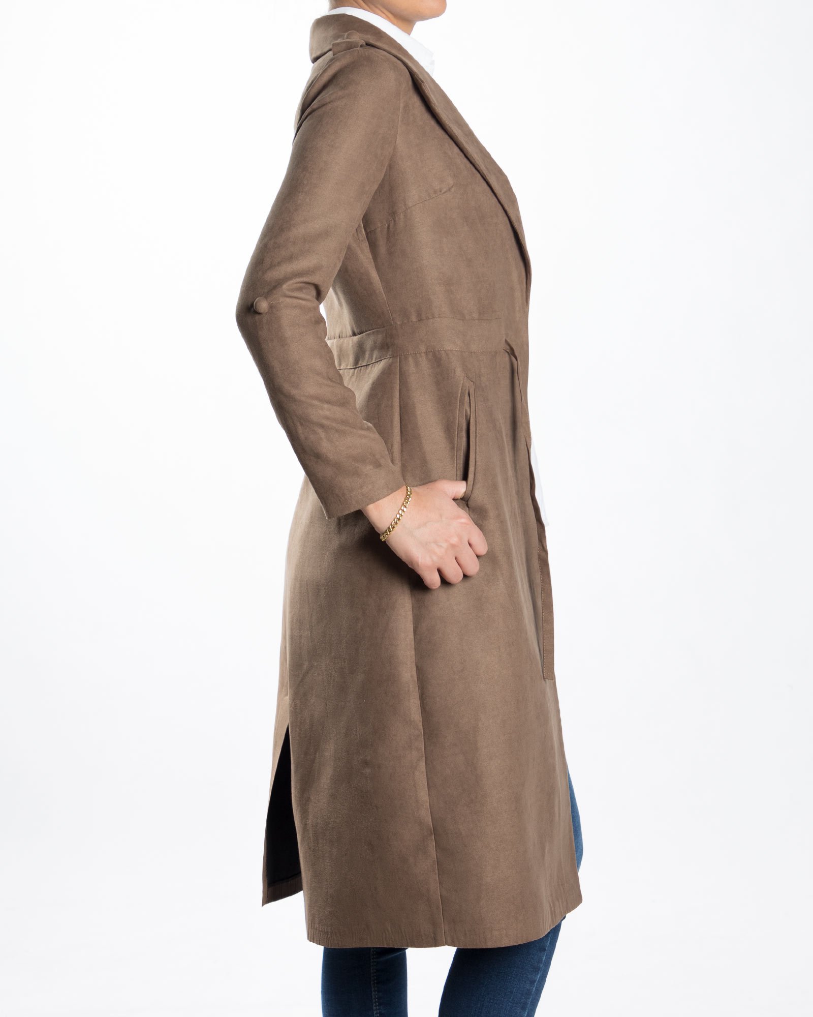 مانتو بلند پاییزه یقه آمریکایی جیب دار جلو باز - قهوه ای روشن - بغل مانتو