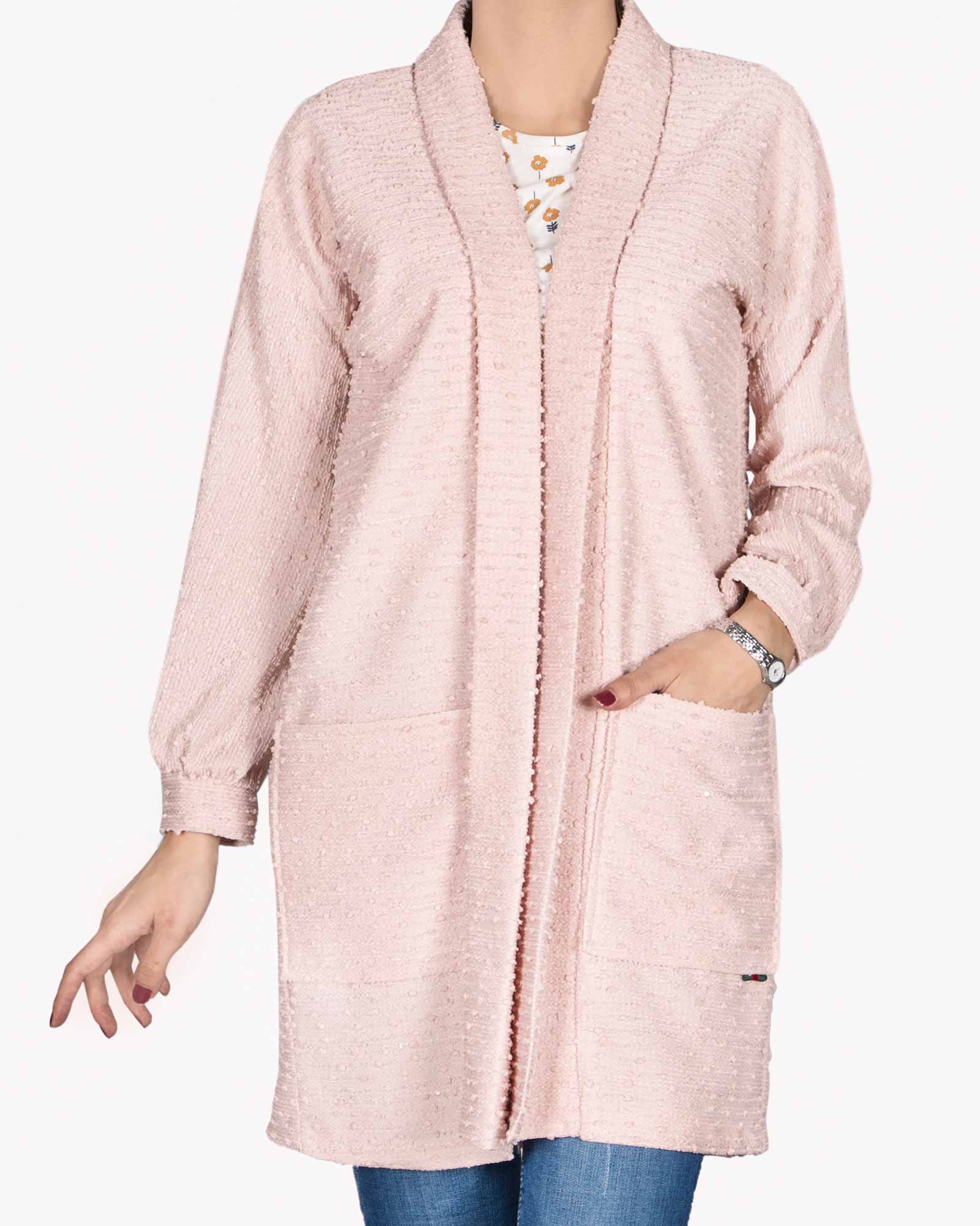 مانتو لمه پاییزه کوتاه پولکی جلو باز - هلویی سیر - رو به رو بسته