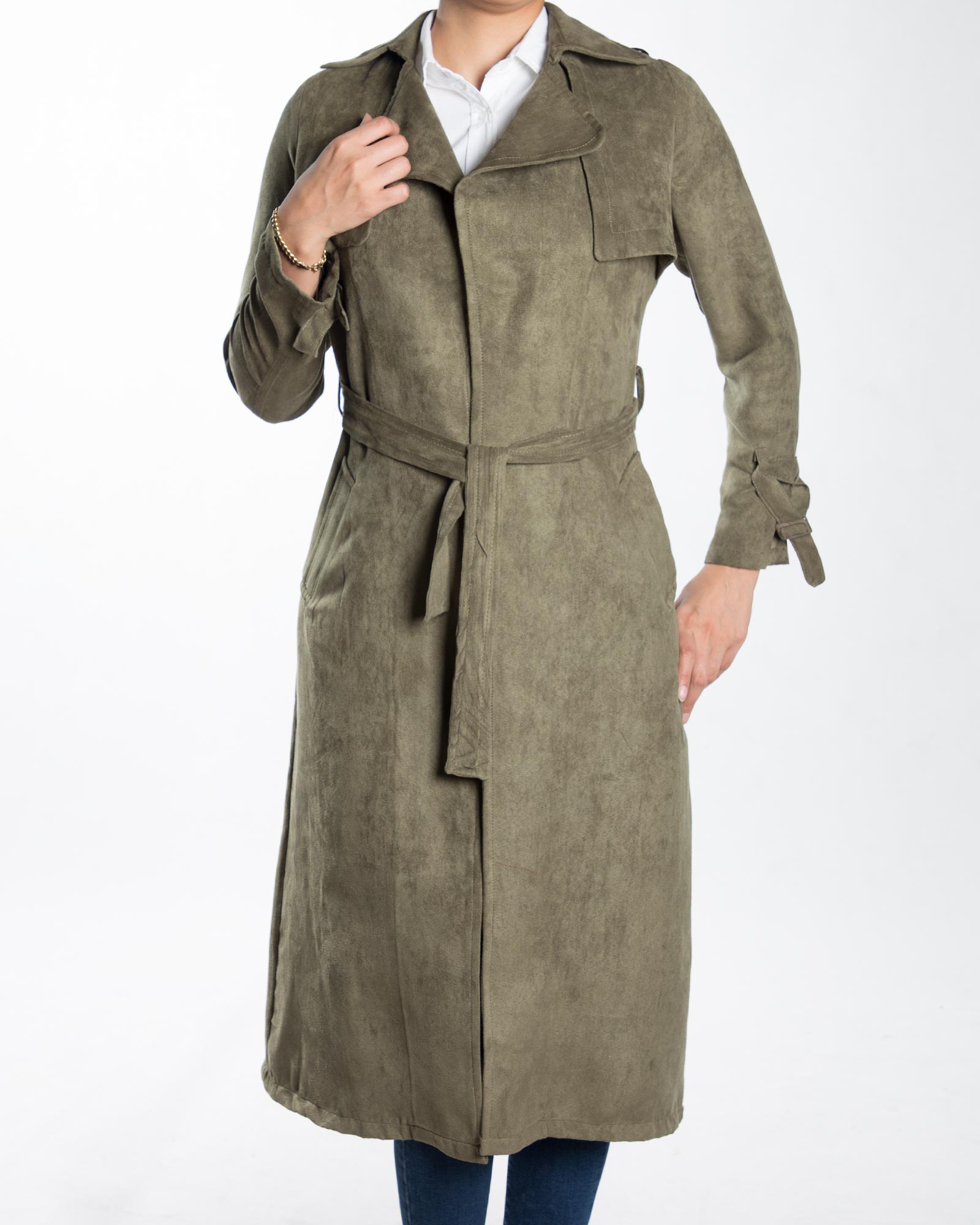 مانتو پاییزه بلند چاک دار یقه انگلیسی جلو باز - زیتونی سیر - رو به رو مانتو